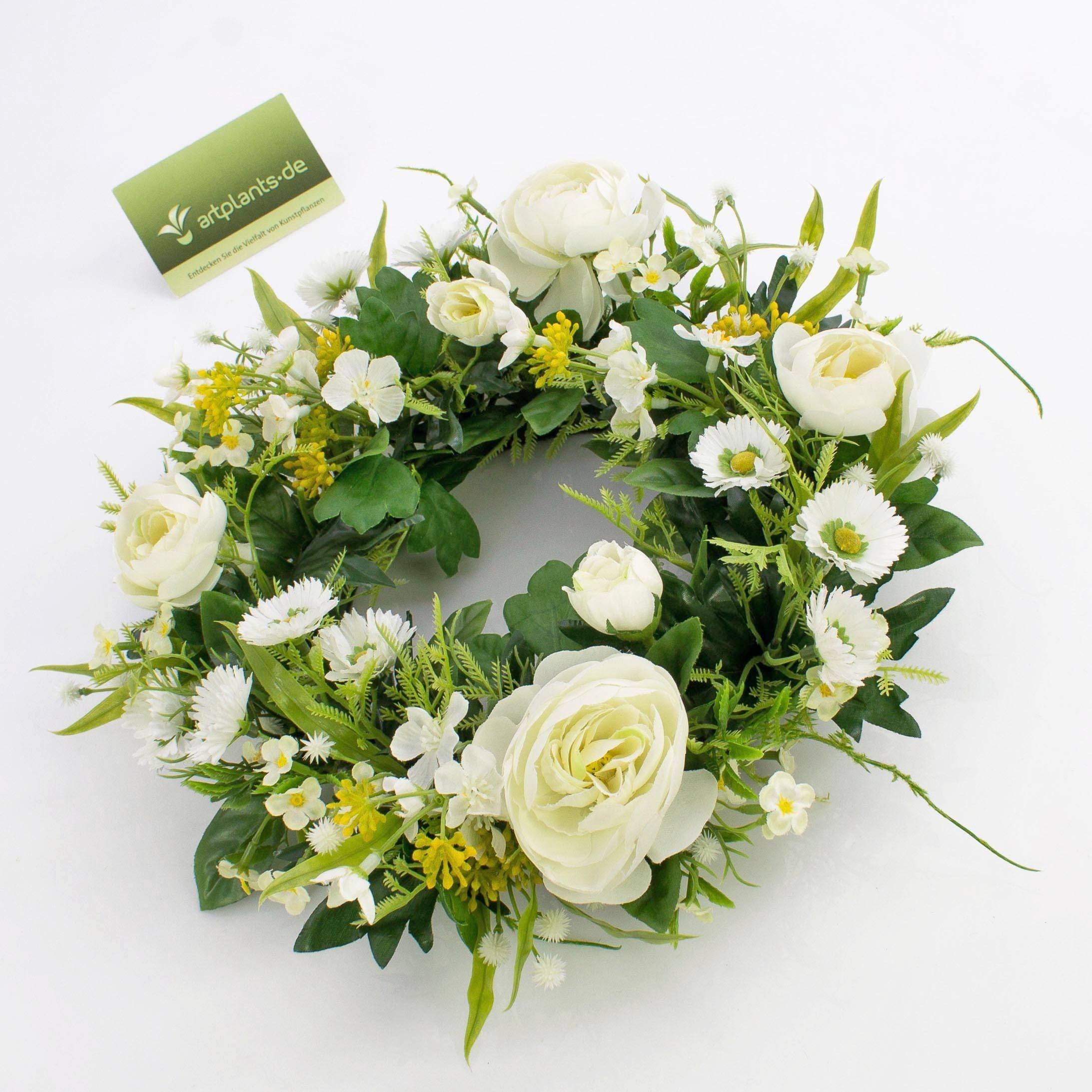 Kunstkranz Deko Sommerkranz, Ranunkeln, Gänseblümchen, Creme, Ø 25cm, artplants – Bild 4 von 4