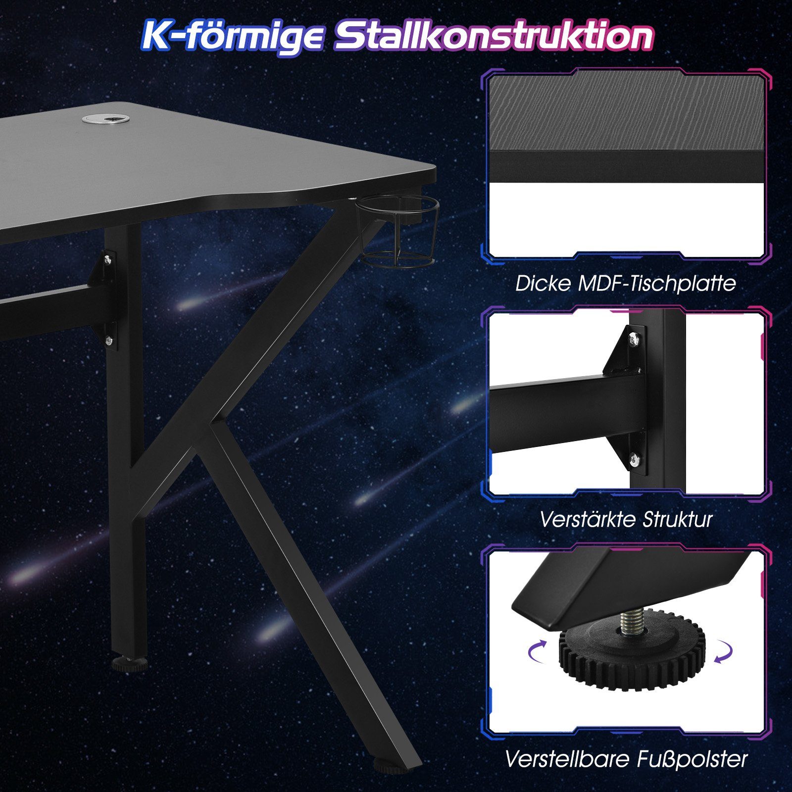 K-förmig, COSTWAY 110x60cm Gamingtisch, mit Getränkehalter&Kopfhörerhaken,