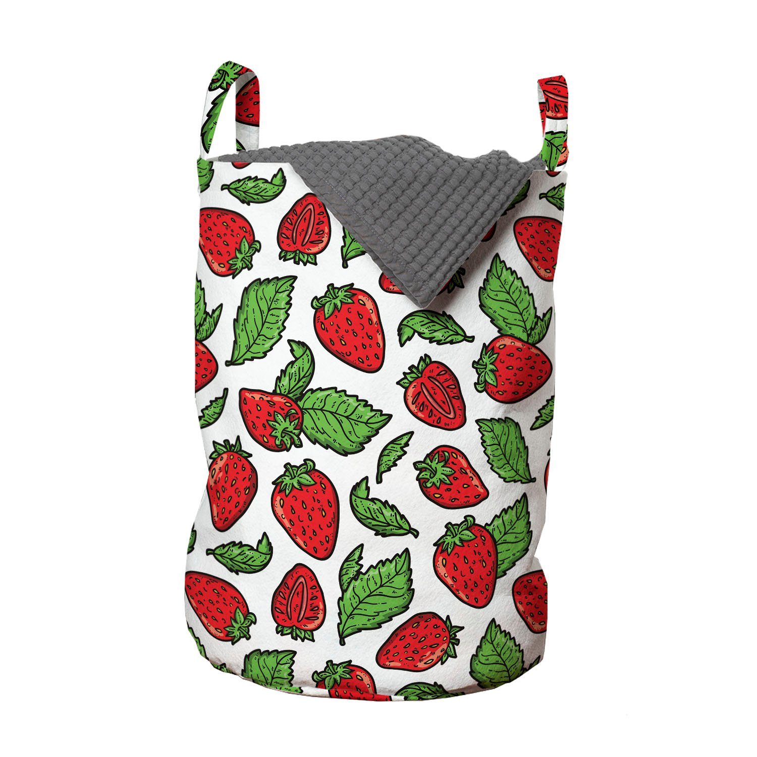 Abakuhaus Wäschesäckchen Wäschekorb mit Griffen Kordelzugverschluss für Waschsalons, Obst Saftige Erdbeeren Blätter