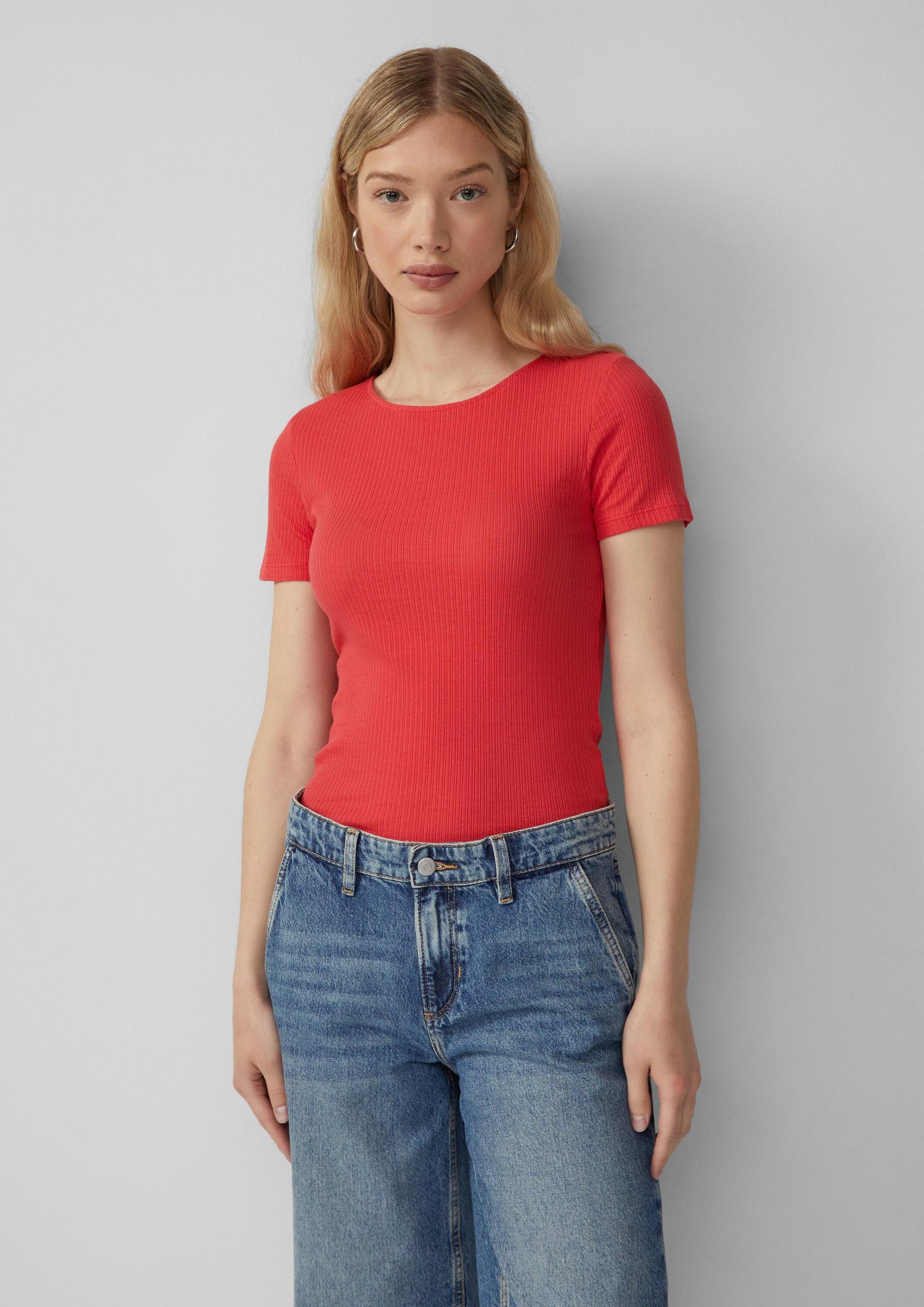 QS Kurzarmshirt T-Shirt Schmal geschnittenes Shirt mit Ajourmuster günstig online kaufen