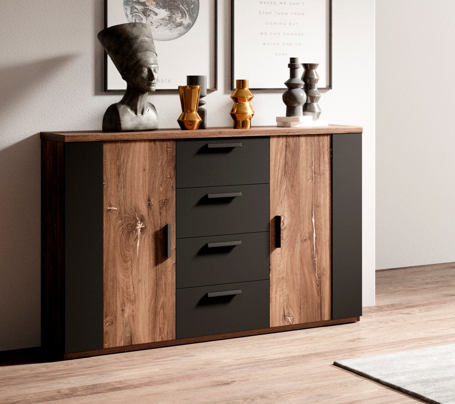 Home affaire Schubkastenkommode Sigma, Breite 132 cm, moderne Schubladenkommode, Made in Europe, Kommode viel Stauraum, Einlegeböden verstellbar, Anrichte