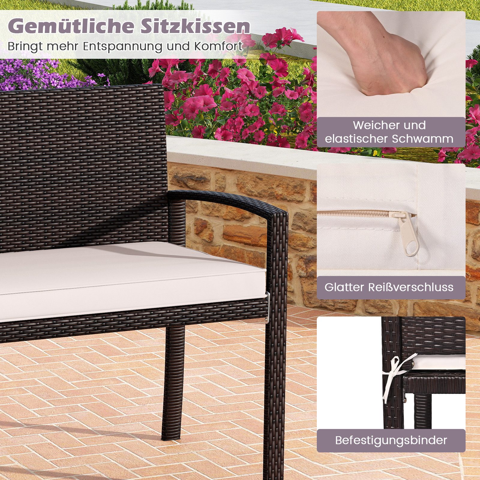 COSTWAY Gartenbank, Rattan 2-Sitzer, Rattanbank mit Kissen & Lehne, 360kg