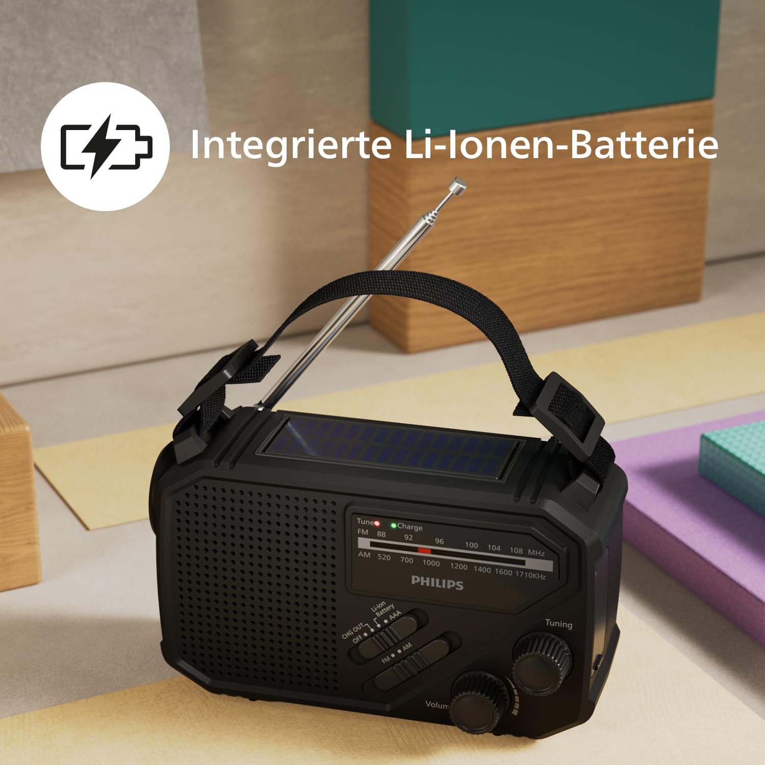 Philips TAR1609/00 Notfallradio Kurbelradio Solarradio Notfallradio (AM-Tuner, FM-Tuner, 1 W, Kurbelradio, LED-Leuchte, lauter SOS-Alarm + Blinkleuchte, USB-C,U – Bild 5 von 5