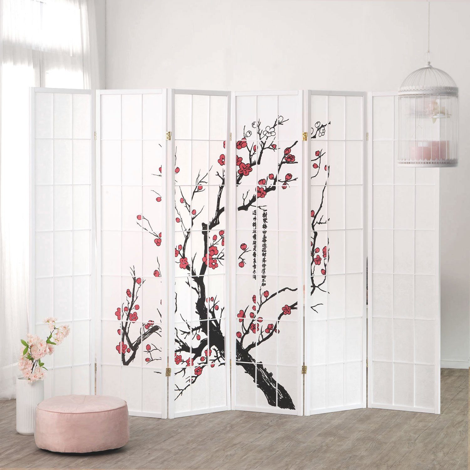 Homestyle4u Paravent 6tlg Raumteiler Kirschblüten weiß Kirschmuster