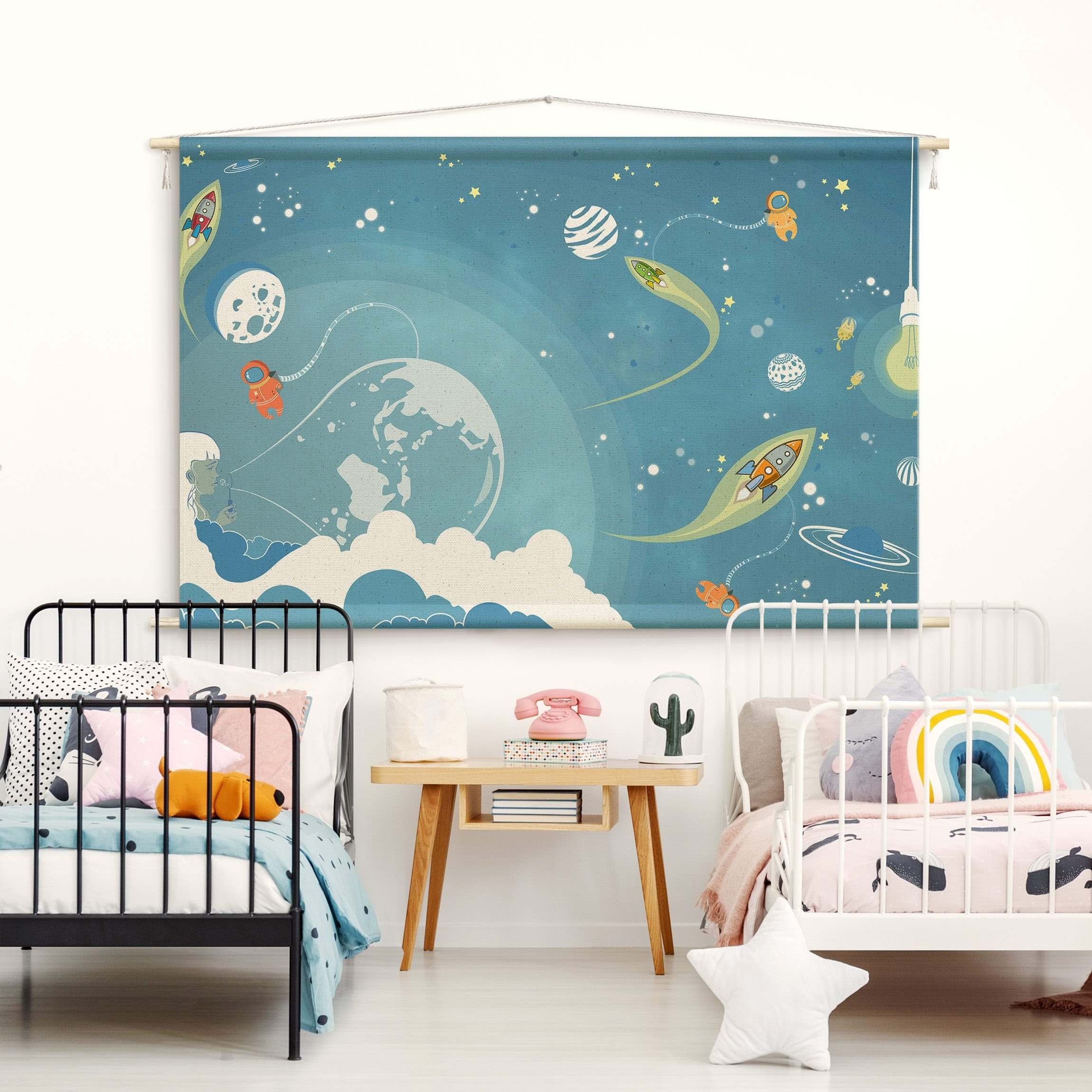 Bilderdepot24 Wandteppich Jungenzimmer modern Weltall blau, rechteckig, Höhe: 2.6 mm, großes Wandbild aus Natur-Baumwolle Wandbehang Stoffbild Tuch Wollseil