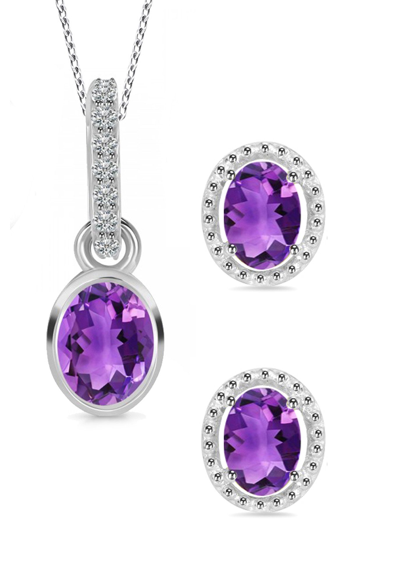 Limana Ohrring und Ketten Set echte Edelsteine Amethyst u. Topas 925 Silber Anhänger mit Ohrstecker (inkl. Herz Schmuckdose, Halskette Schmuckset), Geschenkset Idee Geschenk für Sie Frauen Damen Freundin Mutter Oma