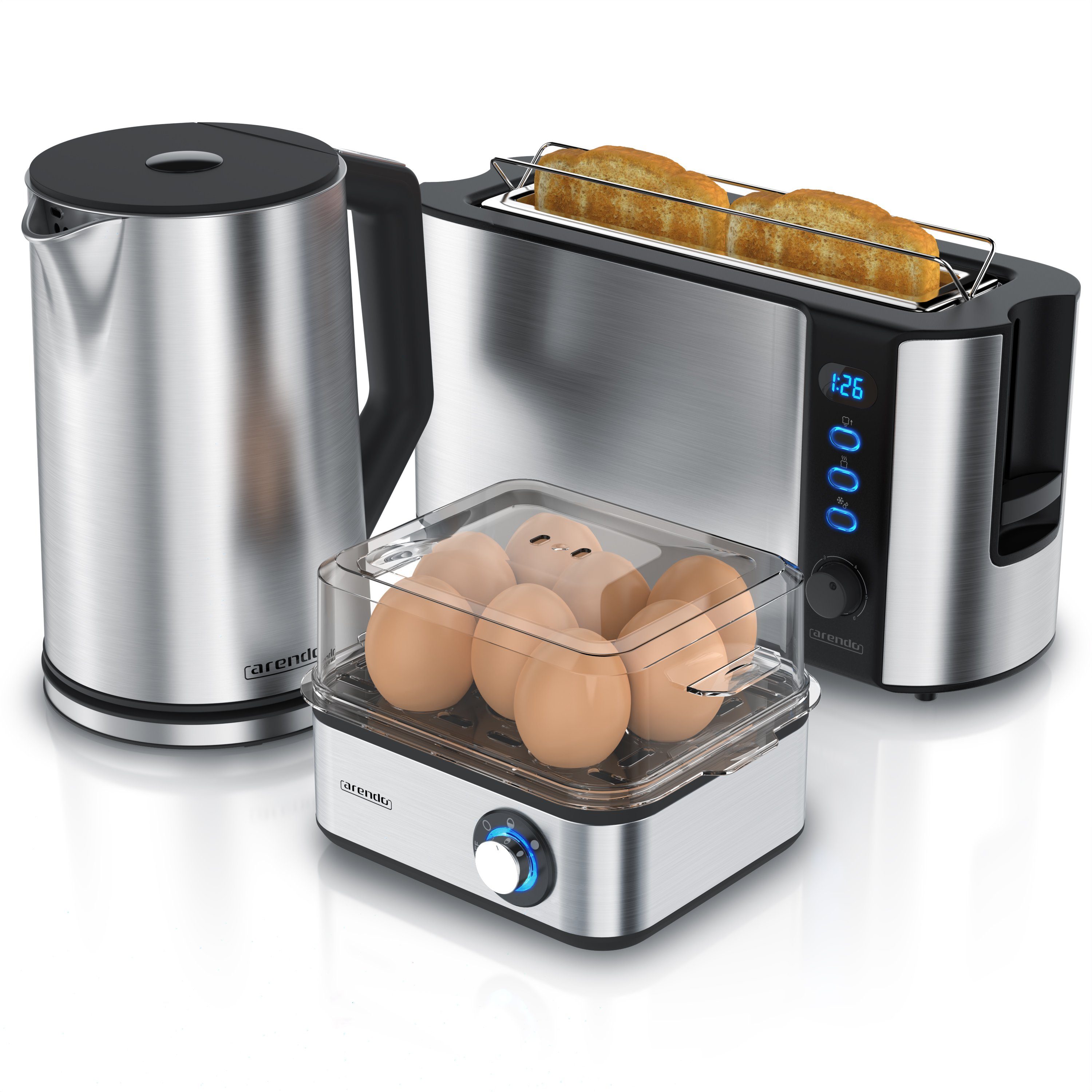 Arendo Frühstücks-Set (3-tlg), Wasserkocher 1,5l / 2-Scheiben Toaster / Eierkocher, Edelstahl, Silber