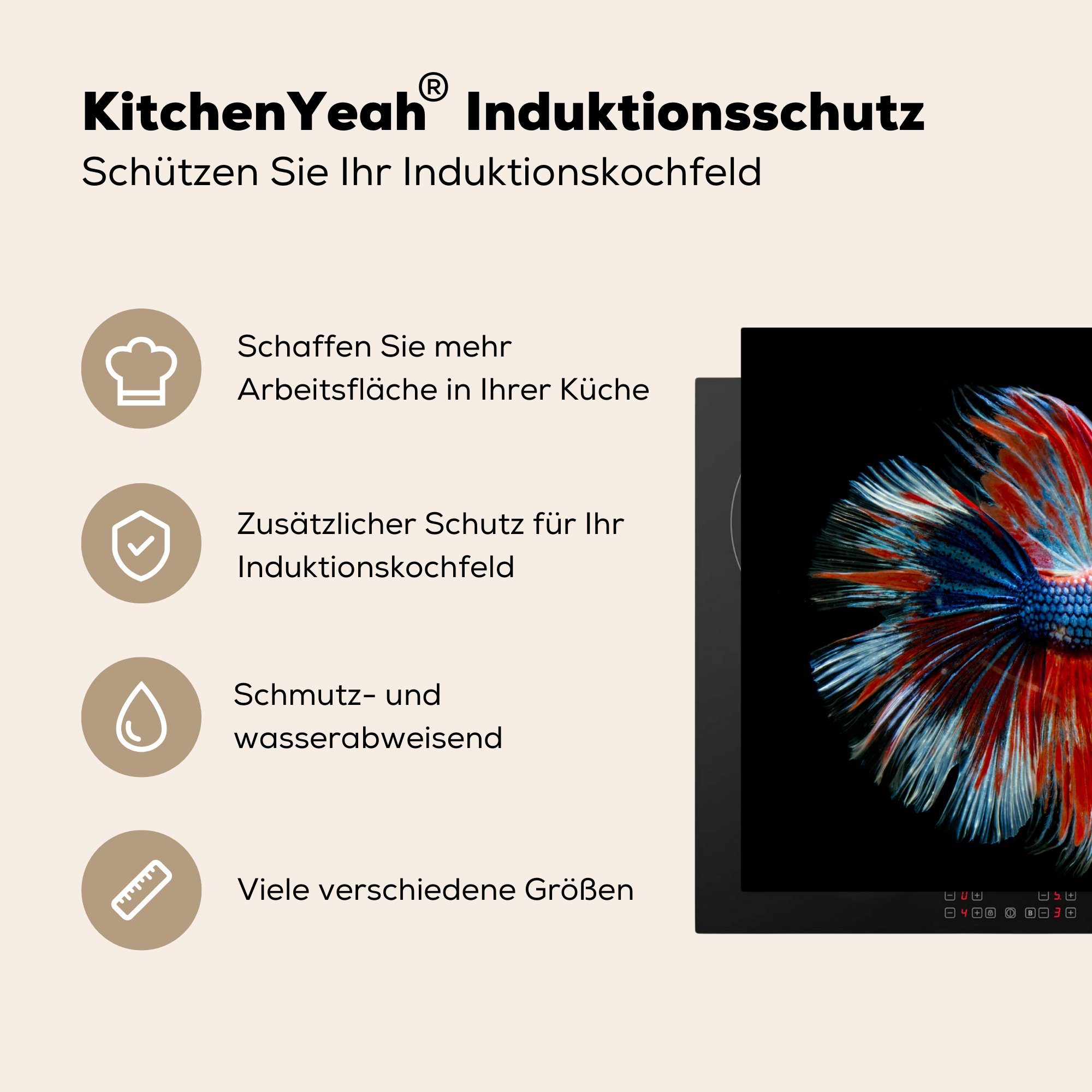 küche, Herdblende-/Abdeckplatte die MuchoWow - (1 Vinyl, Ceranfeldabdeckung - Fisch cm, Induktionsmatte tlg), - Schwanz für Meerestier 59x52 Blau,