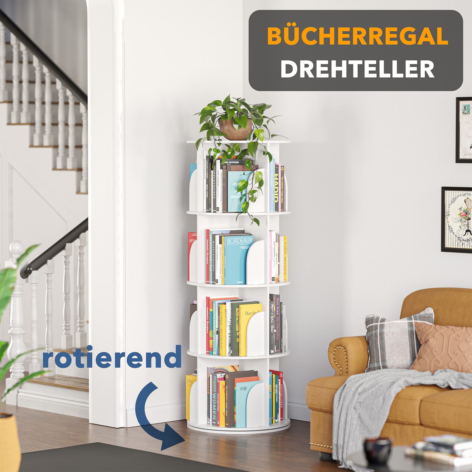 SpaceAid Bücherregal 360-Grad drehbares Bücherregal, 1-tlg., Standregal mit 4 Ebenen, weiß