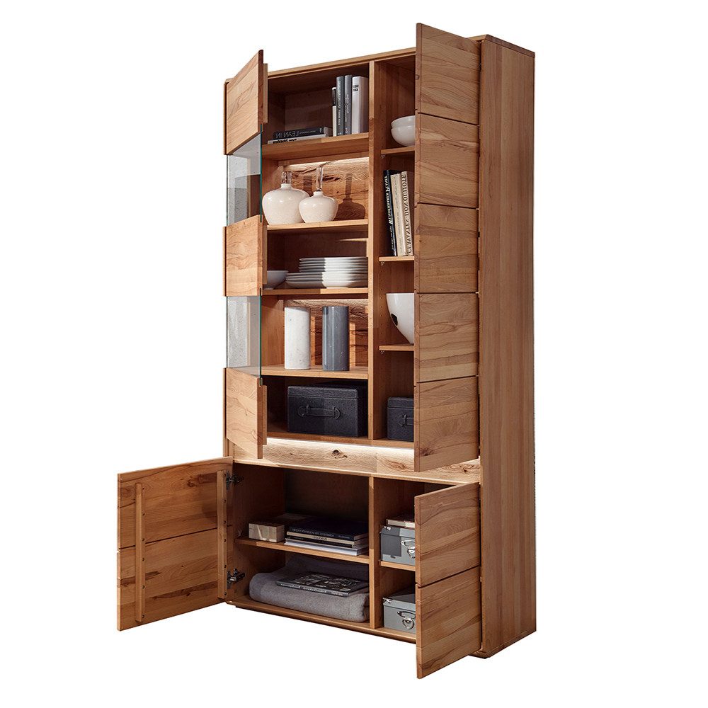 Lomadox Vitrine WELLAND-69 103 cm, Kernbuche massiv geölt mit LED-Beleuchtung, Türanschlag links