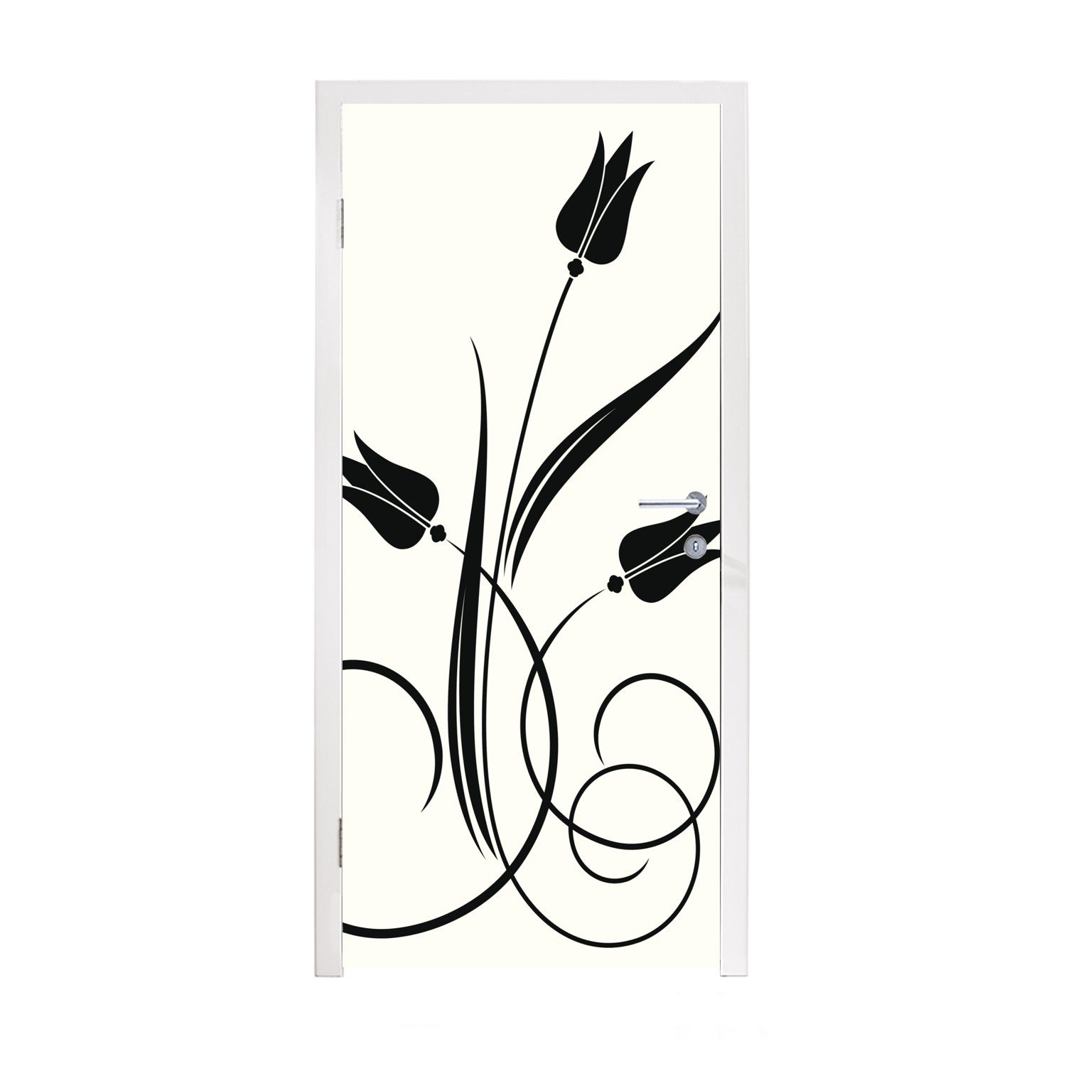 Matt, Tür, einem Hintergrund, Fototapete weißen bedruckt, MuchoWow Türtapete für Tulpen auf Illustration 75x205 cm von Eine Türaufkleber, St), schwarzen (1