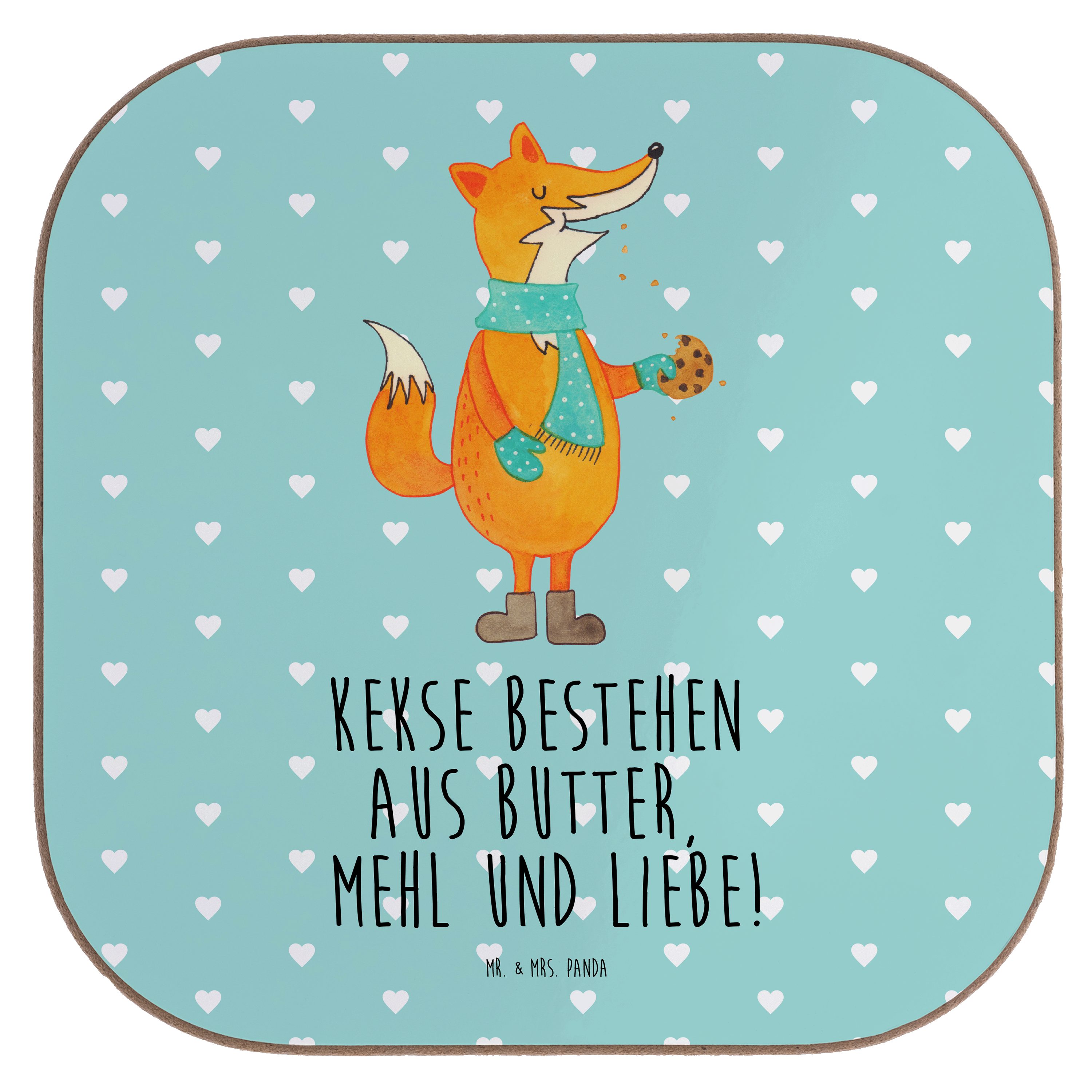 Mr. & Mrs. Panda Getränkeuntersetzer Fuchs Keks - Türkis Pastell - Geschenk, Bierdeckel, Füchse, Weihnacht, 1-tlg.