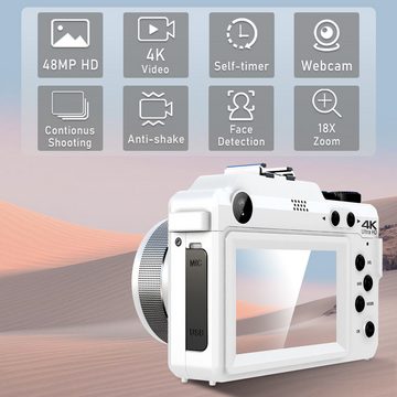 HT Digitalkamera doppelt 48MP, 4K-Video, 18x Zoom, Kompaktkamera (inkl. mit DIY-Panel, Anti-Schüttel 3D-Sound Kompaktkamera)