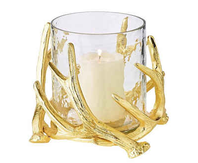 EDZARD Windlicht Kingston, Kerzenhalter im Geweih-Design für Stumpenkerzen, Kerzenleuchter mit Gold-Optik, Höhe 15 cm, Ø 19