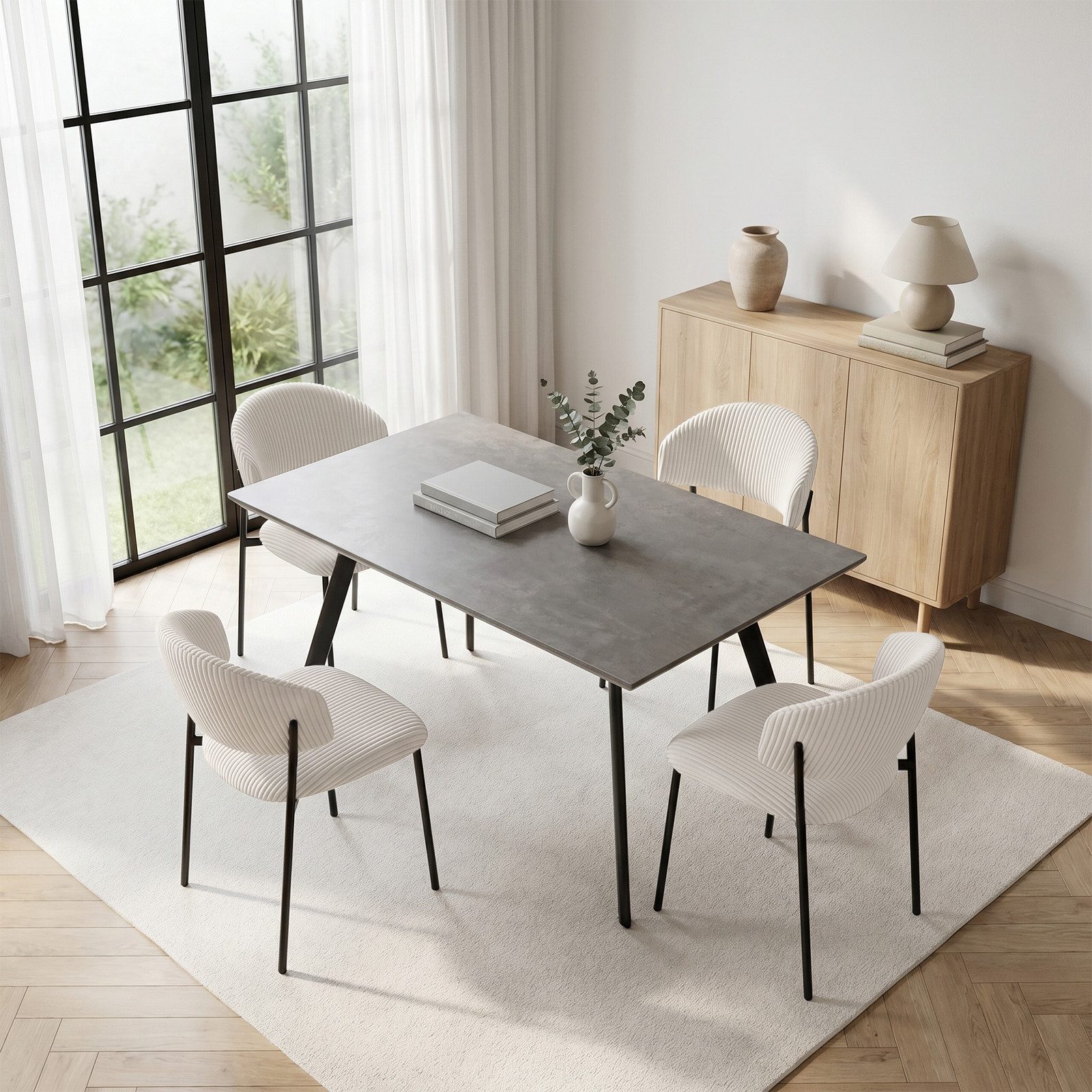 Jiexi Essgruppe Essgruppe 110x70 MDF-Tisch mit U-Metallgestell & Cord-Stühlen