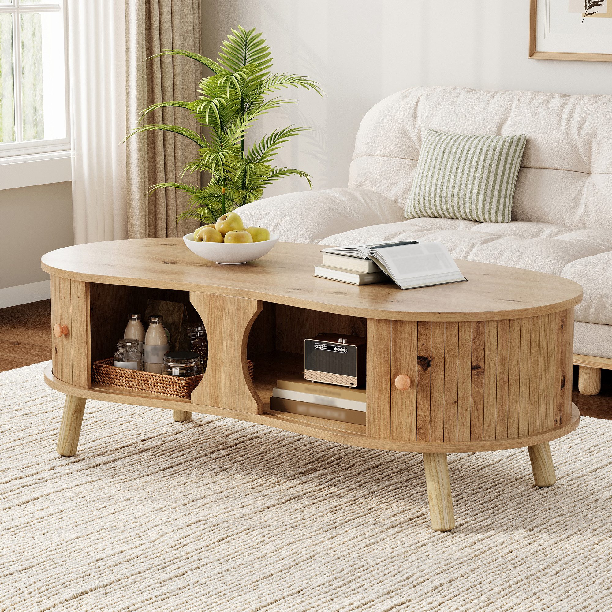 BlingBin Couchtisch mit Rillenoptik & 2 Schiebetüren, Wohnzimmertisch in Holzoptik (1er Set, 1-St., Gesamtabmessungen: 108 L x 50 B x 37 H(cm), Gewichtskapazität: 30KG), Kaffeetisch aus MDF für Wohnzimmer Schlafzimmer, Massivholzbeine