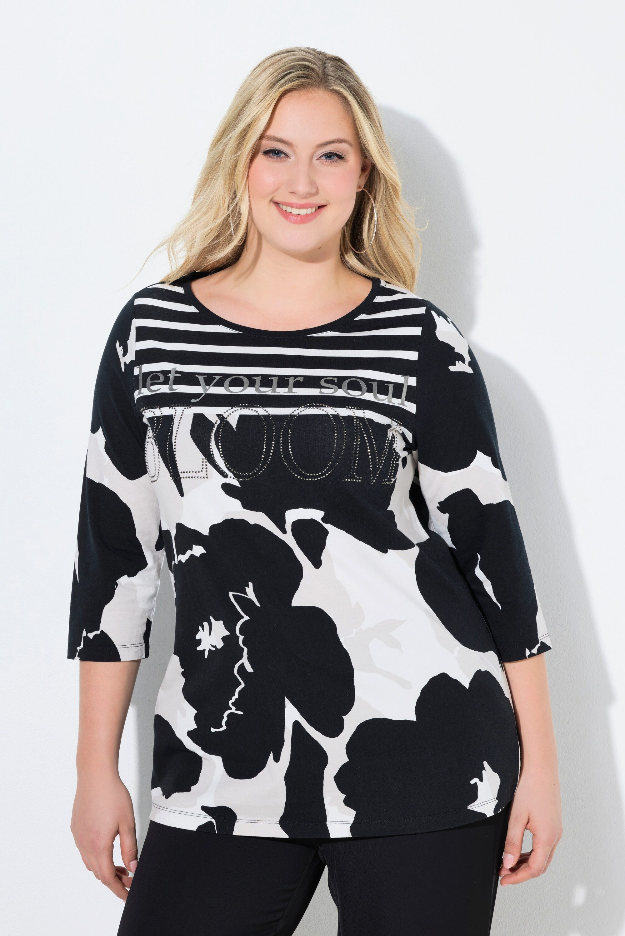 Longsleeve Shirt Blüten Ziersteine U-Boot-Ausschnitt 3/4-Arm