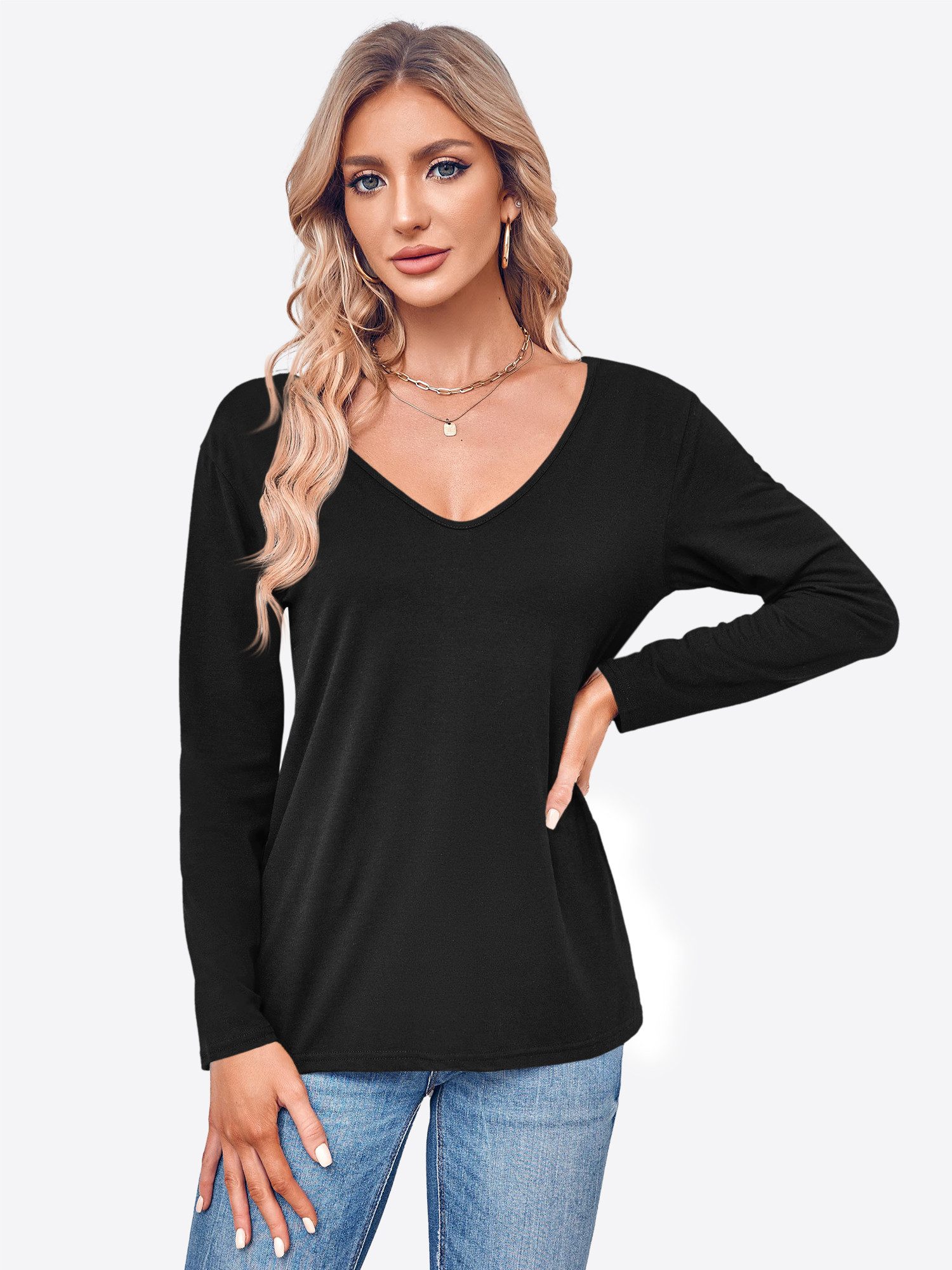 Imily Bela T-Shirt Damen Langarmshirt Tops mit V-Ausschnitt (Packung, 1-tlg günstig online kaufen