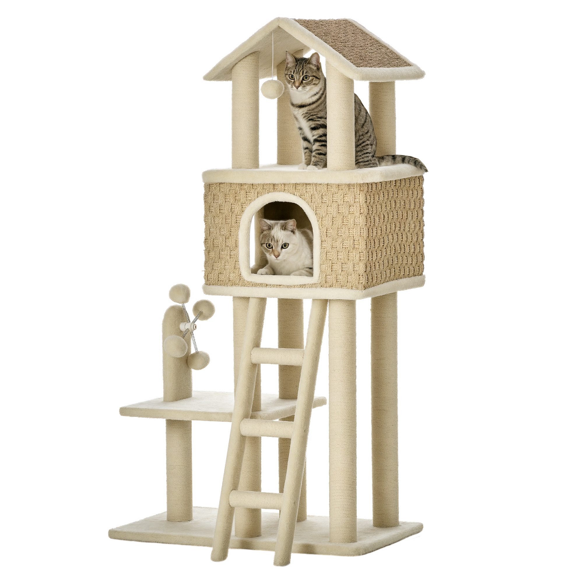 PawHut Kratzbaum Katzenbaum Kletterbaum mit Katzenhöhle Spielbälle, Spanplatte Plüsch Khaki+Beige – Bild 2 von 5