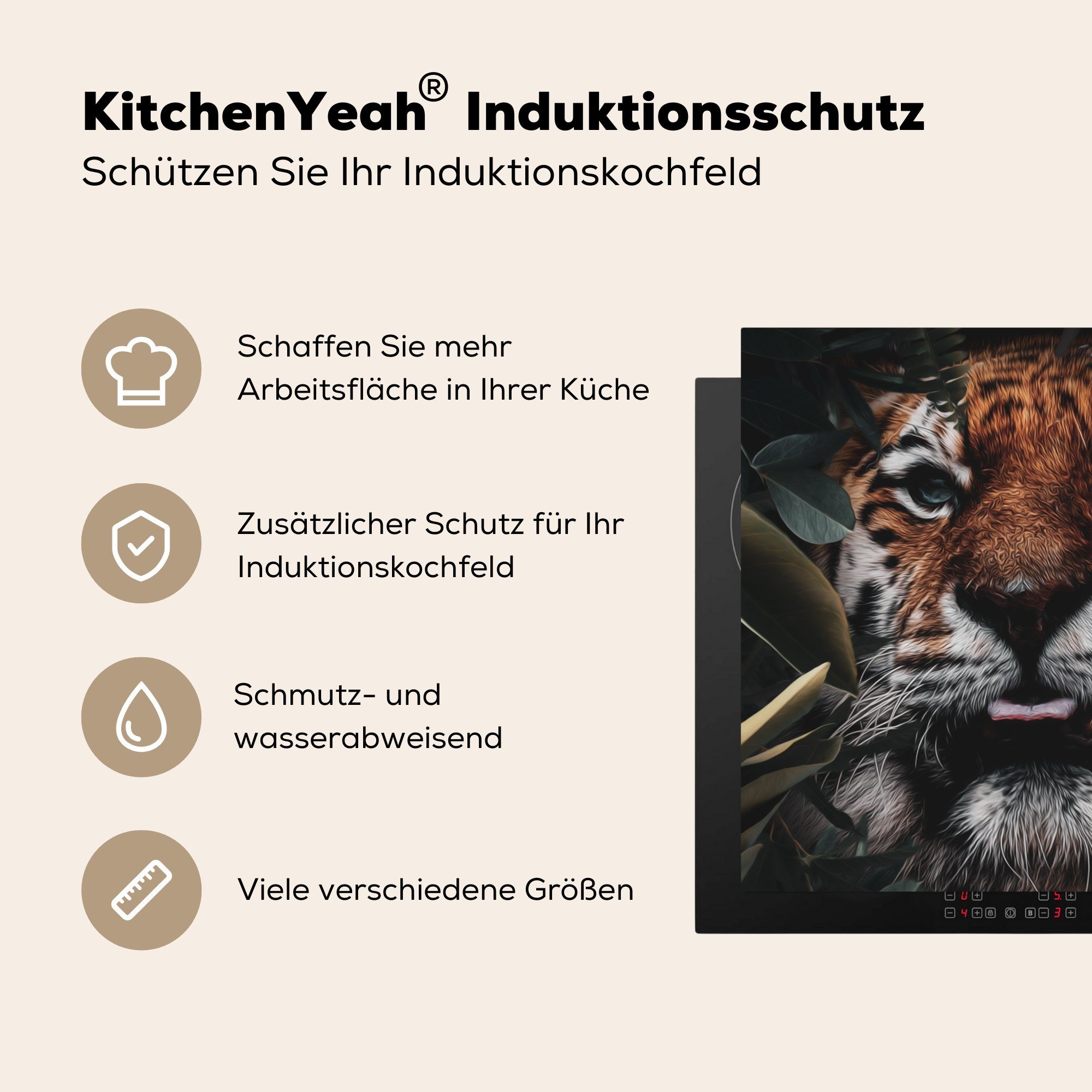 - Arbeitsplatte - Herdblende-/Abdeckplatte Tiger Tiere, Blatt für 78x78 MuchoWow (1 cm, Ceranfeldabdeckung, küche Vinyl, tlg),