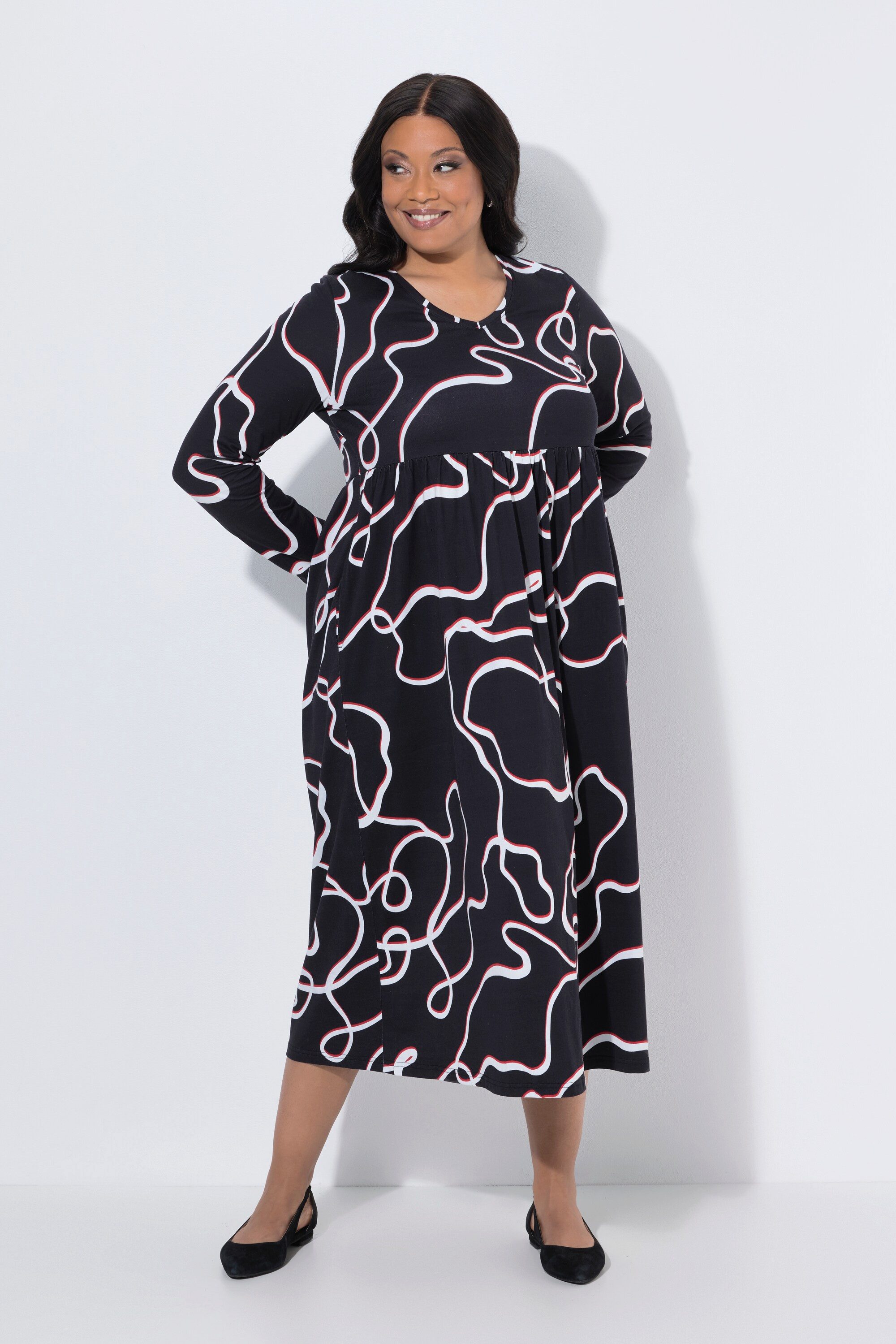 Ulla Popken Maxikleid Maxikleid gemustert A-Linie V-Ausschnitt Langarm