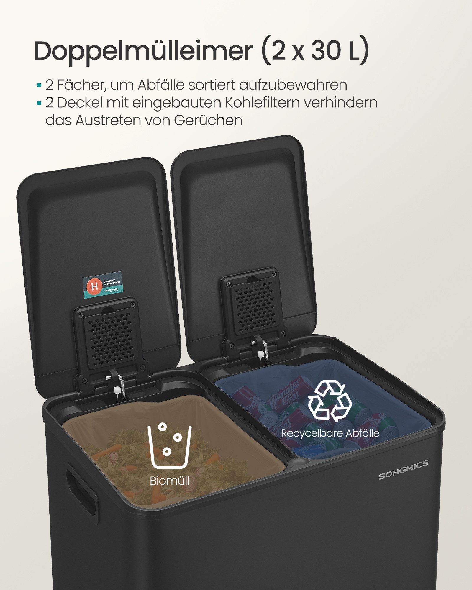 SONGMICS Mülleimer Mülltrennsystem, Mülleimer Küche, 2 x 30 Liter, 2 Fächer, Abfalleimer, Softclose