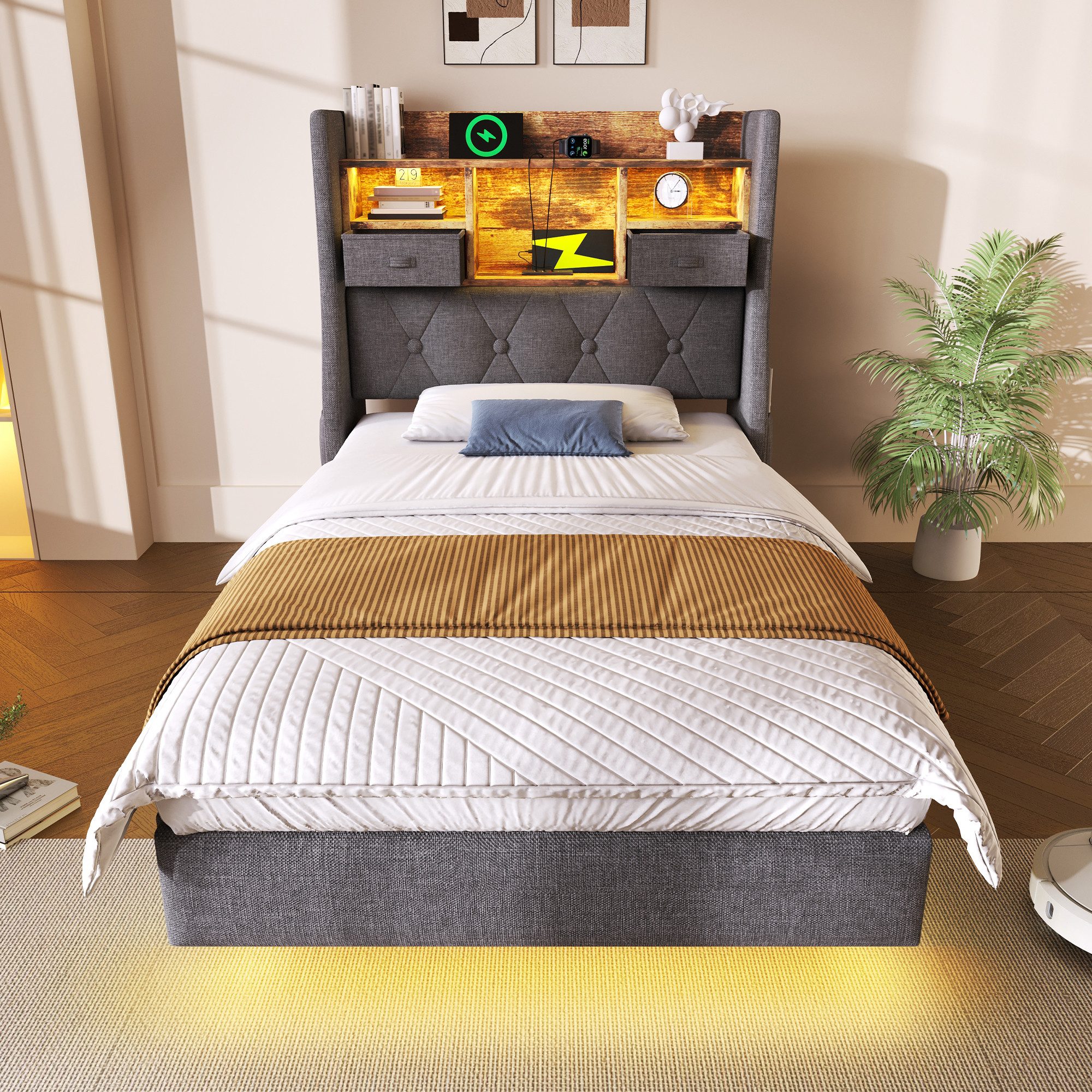 OKWISH Polsterbett mit LED-Beleuchtung, Kopfteil und Ladestation (Funktionsbett, Struraumbett, 1-tlg., 90x200 cm, ohne Matratze), Schwebebett mit 1 Type-C, 3 USB-Anschlüsse