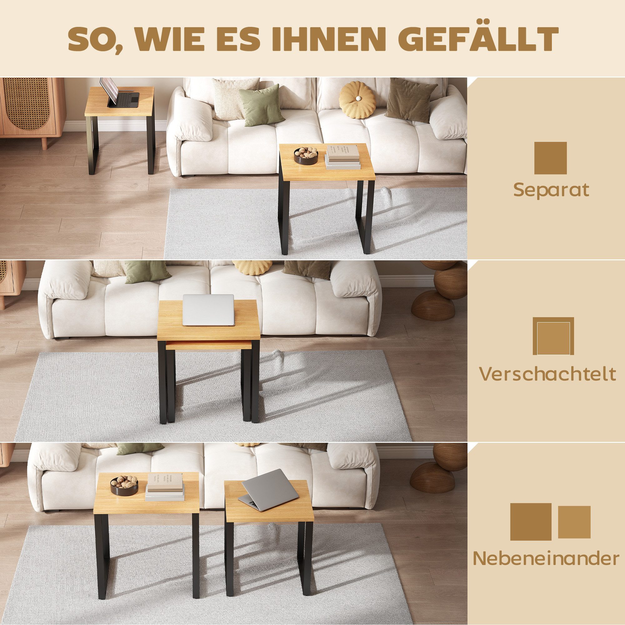 HOMCOM Couchtisch Wohnzimmertisch mit Metallrahmen, Beistelltisch Natur (Kaffeetisch, 2-St., Satztisch), modernes Design – Bild 4 von 5