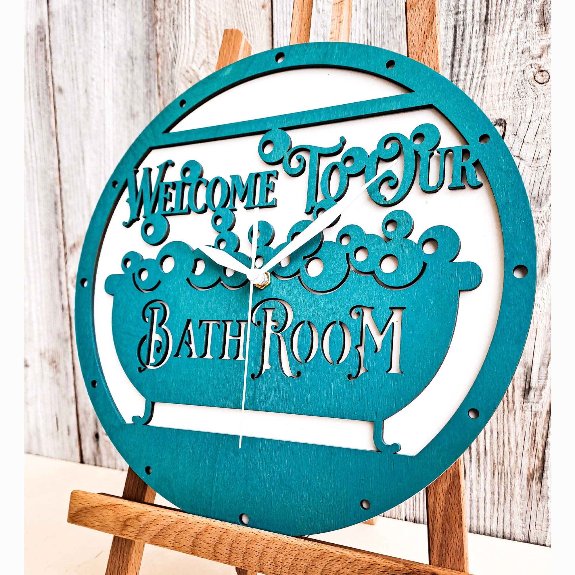 ORNAMENTI Badezimmeruhr Badezimmer Wanduhr, Grosse, modern, holz, hingucker Wanduhr, Türkis (ohne Ticken, Wanddeko, Holzdeko, 3 Größen 40, 50)
