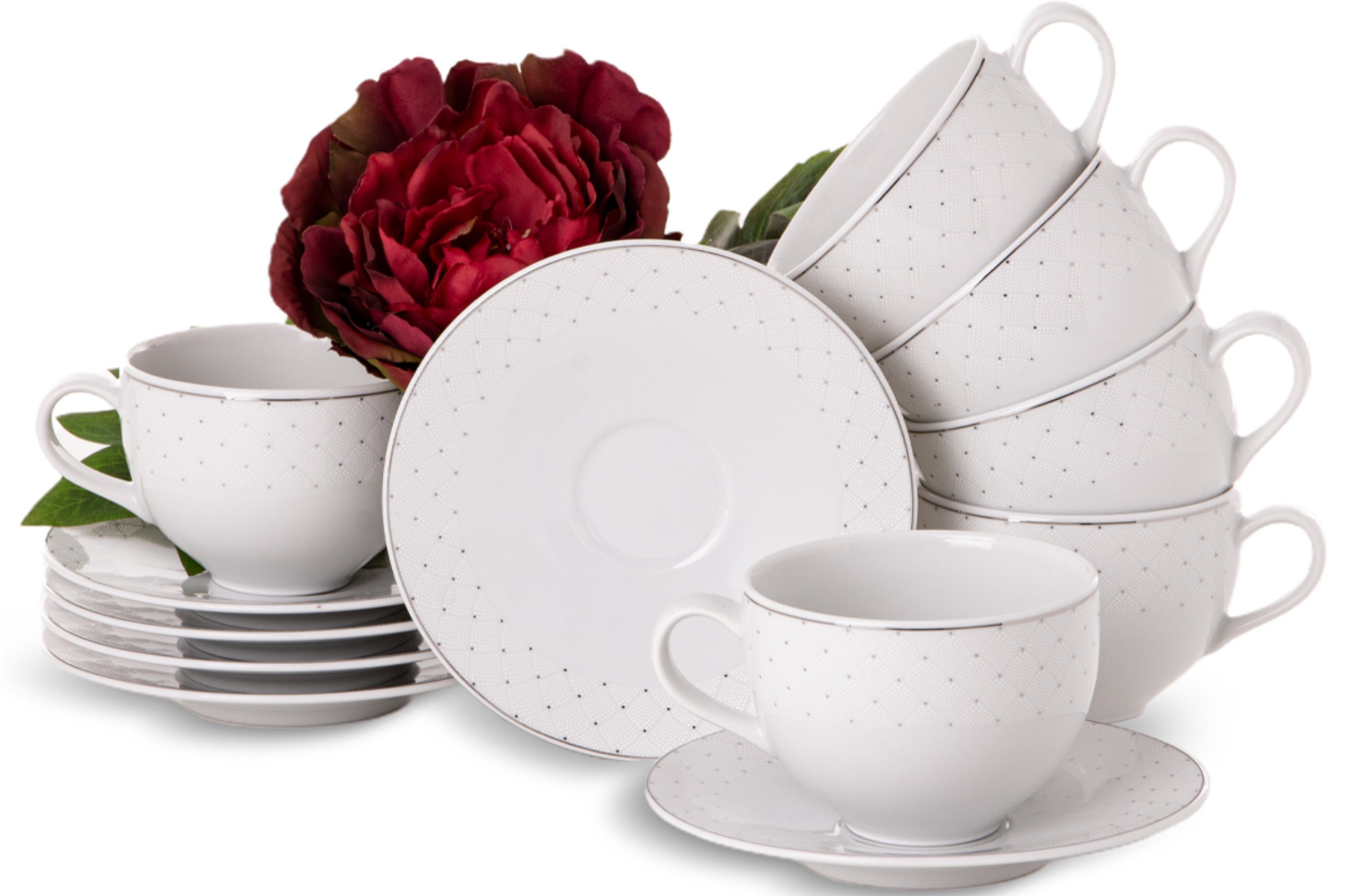 KONSIMO® Kaffeeservice AMELIA Tasse & Untertasse (12-tlg), 6 Personen, Porzellan, Klassisch-Stil, Spülmaschinengeeignet