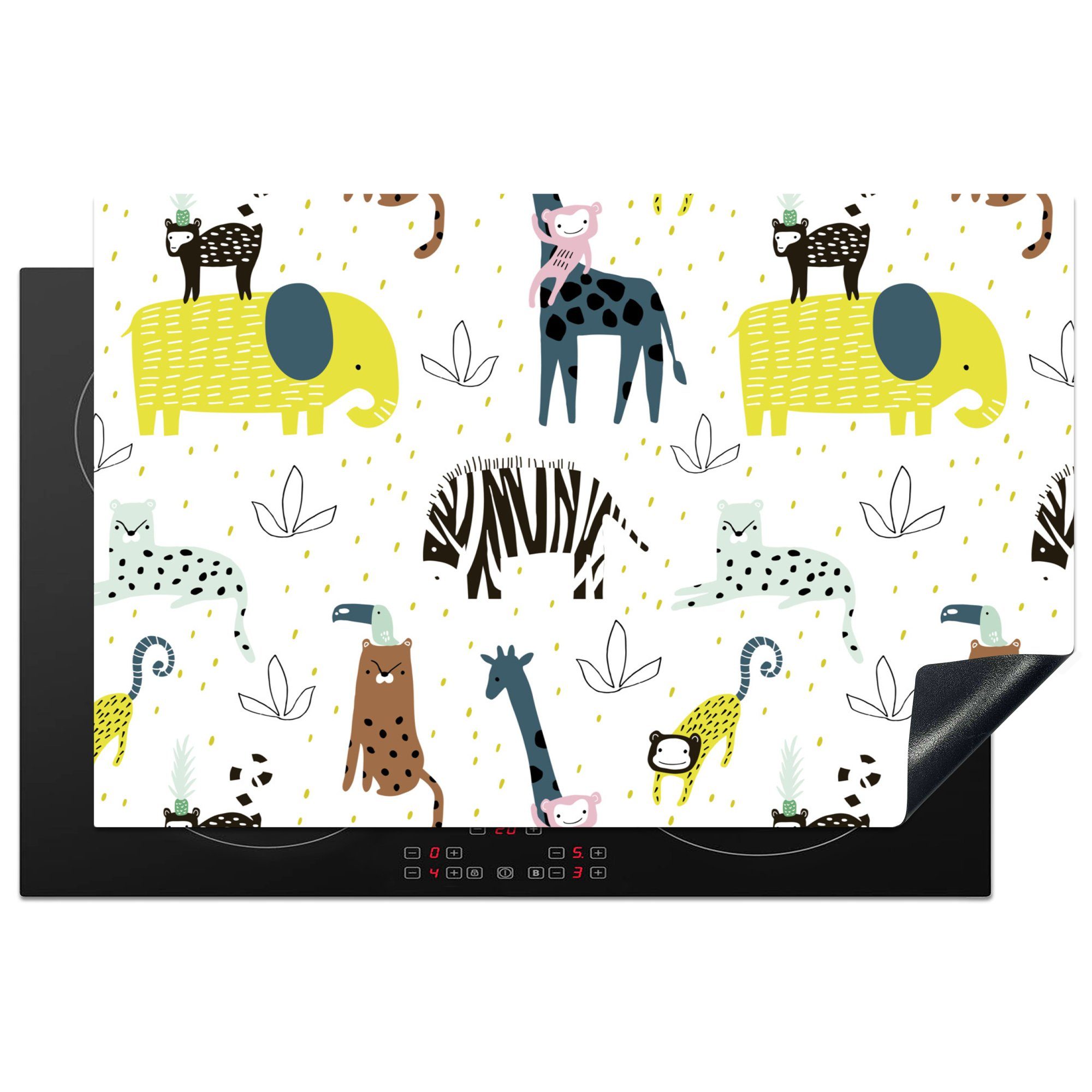 MuchoWow Herdblende-/Abdeckplatte Tiere - Dschungel - Pastell - Kinder, Vinyl, (1 tlg), 81x52 cm, Induktionskochfeld Schutz für die küche, Ceranfeldabdeckung