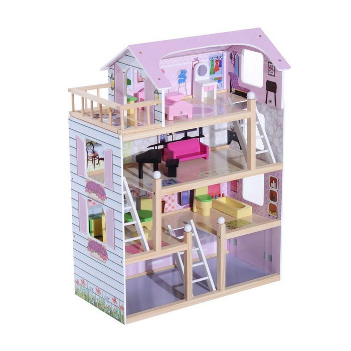 HOMCOM Puppenhaus Kinder Puppenhaus mit Möbeln