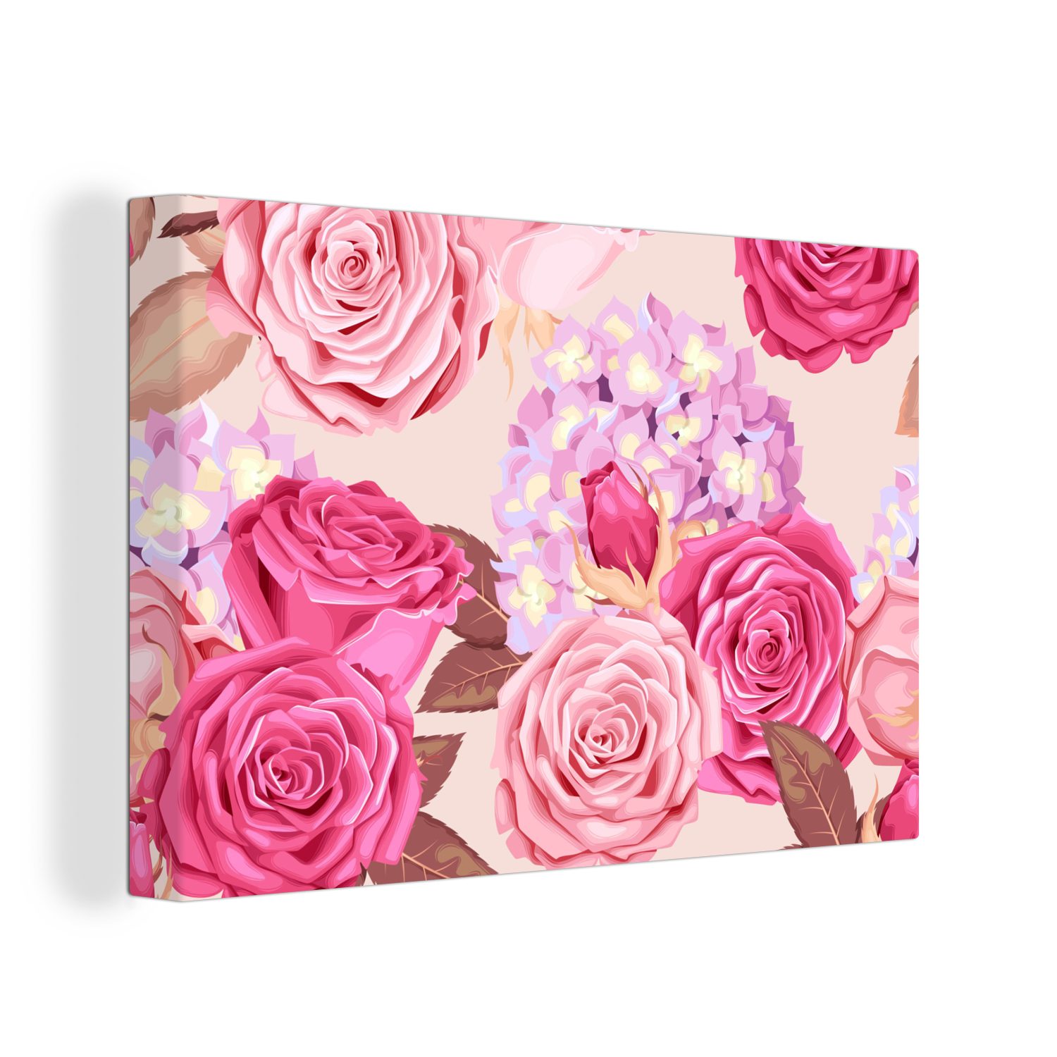 OneMillionCanvasses® Leinwandbild Rosen - Hortensien - Blumen - Rosa, (1 St), Wandbild Leinwandbilder, Aufhängefertig, Wanddeko, 30x20 cm