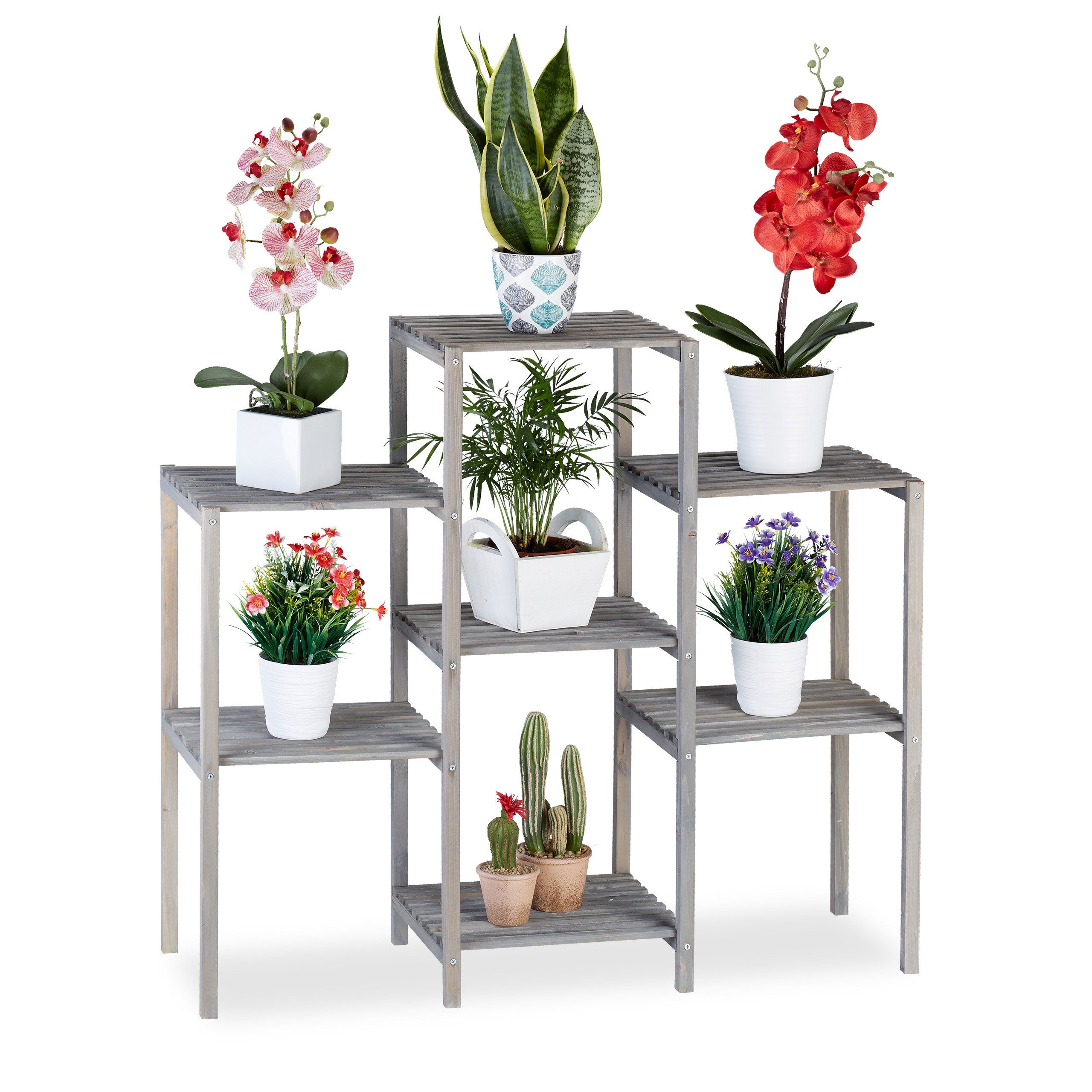 relaxdays Pflanzentreppe Graues Blumenregal aus Holz, L