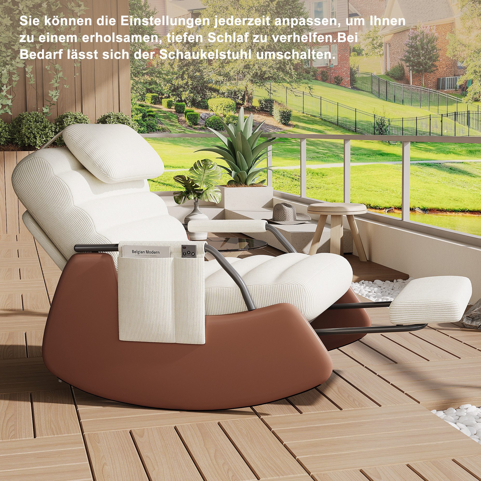 FUROKOY Schaukelstuhl Relaxsessel 3-stufia verstellbare Rückenlehne (Set, 1 St), Wohnzimmersessel mit Armlehnen und Fußstütze Cord,Beige,67x91.5x92cm – Bild 5 von 5
