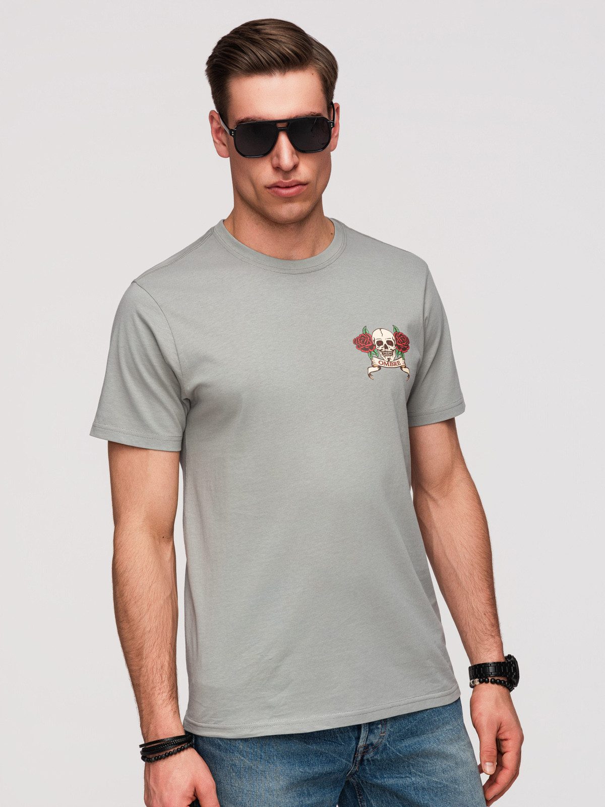 OMBRE T-Shirt Herren T-Shirt Regular Fit mit Print Grau L (kein Set, 1-tlg)
