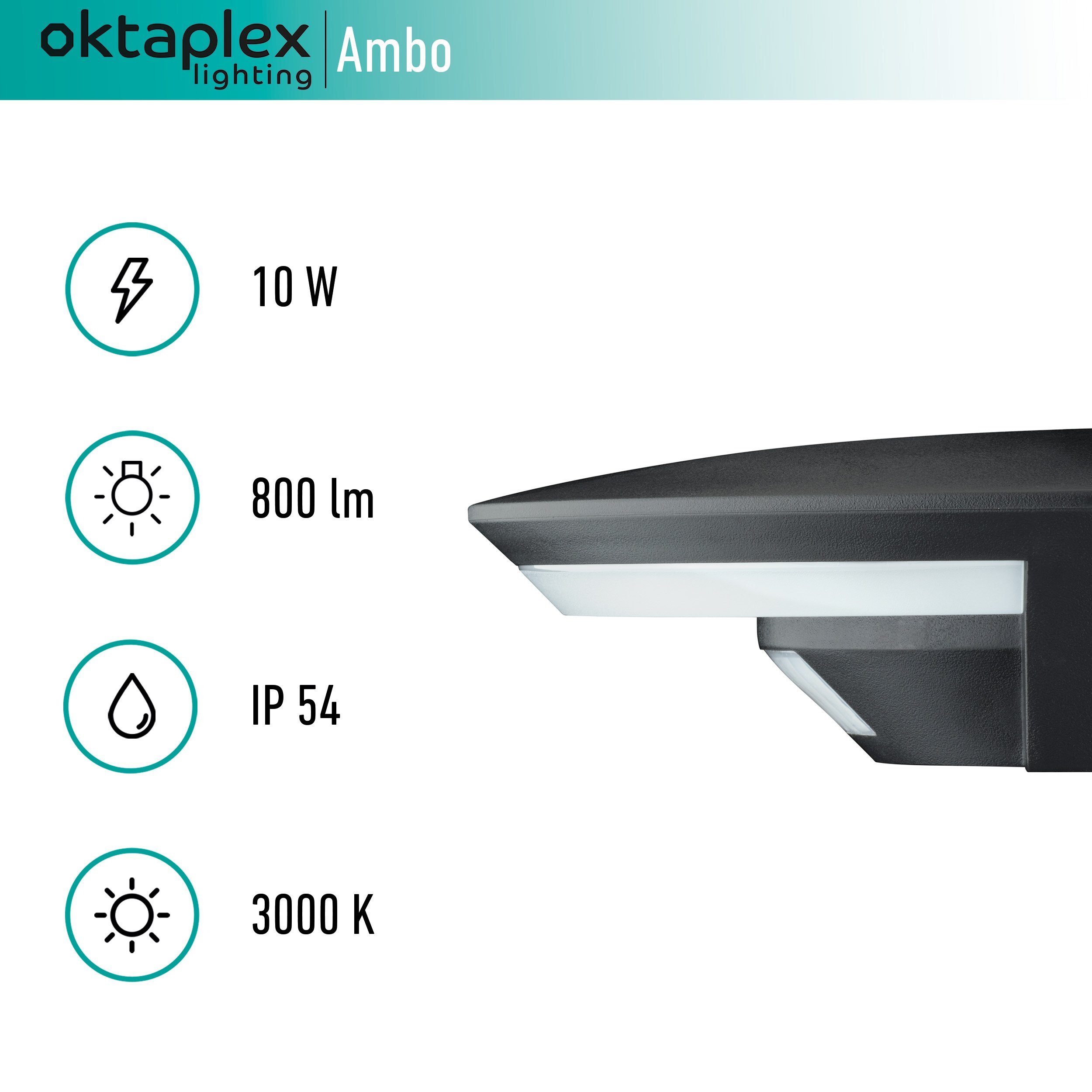 Oktaplex lighting LED Außen-Wandleuchte Ambo 10 W 800 lm, Bewegungsmelder,  LED fest integriert, 3000K warmweiß, Wandleuchte Außen LED IP54  Aussenwandlampe anthrazit