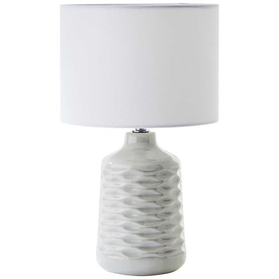 Stoffschirm, Lightbox Tischleuchte, ohne Tischlampe Leuchtmittel, grau/weiß Höhe, mit 42 cm Keramik E14,
