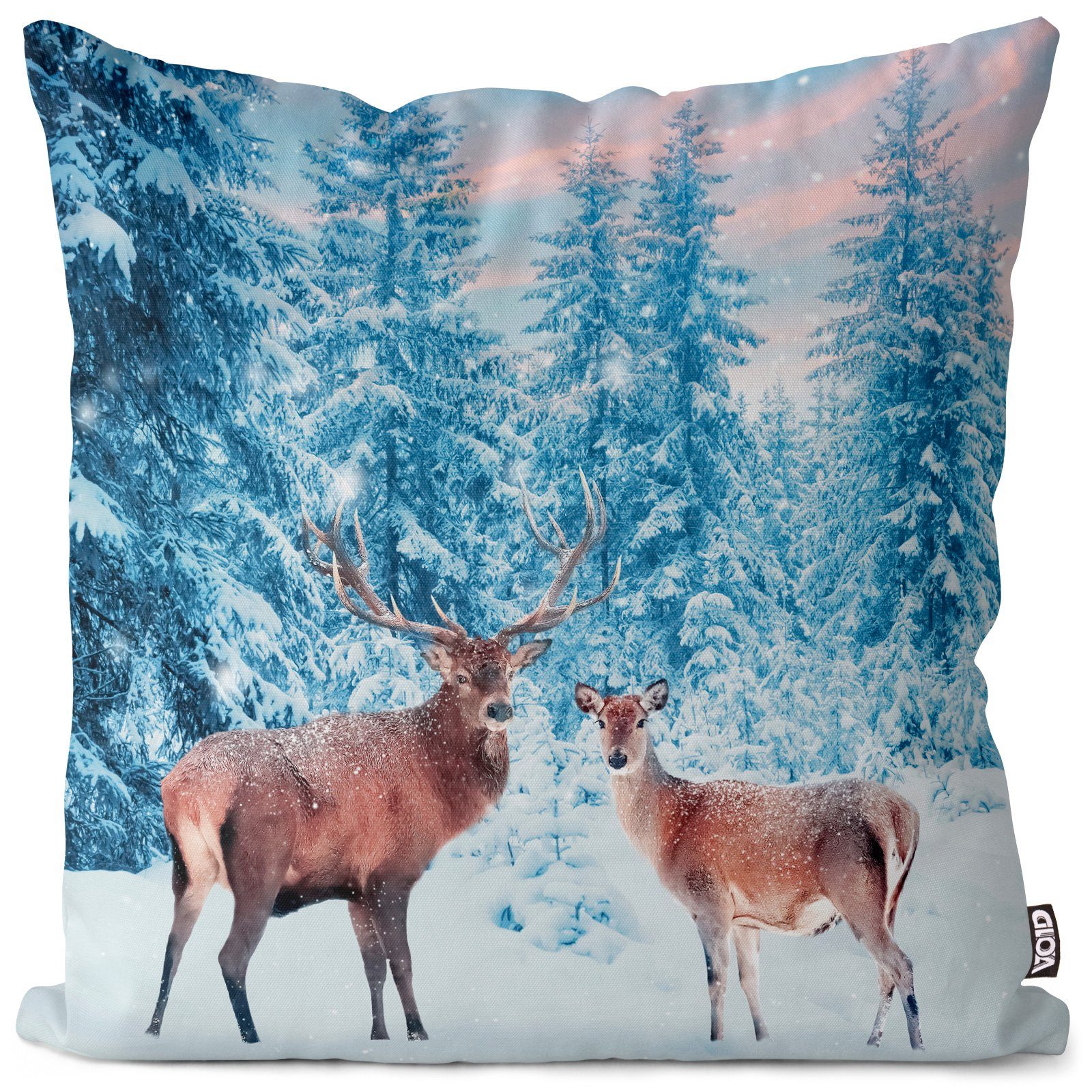 VOID Kissenbezug, (1 Stück), Weihnachtsdeko Hirsch Reh Weihnachten Winter Tiere Wald Schnee Landsc