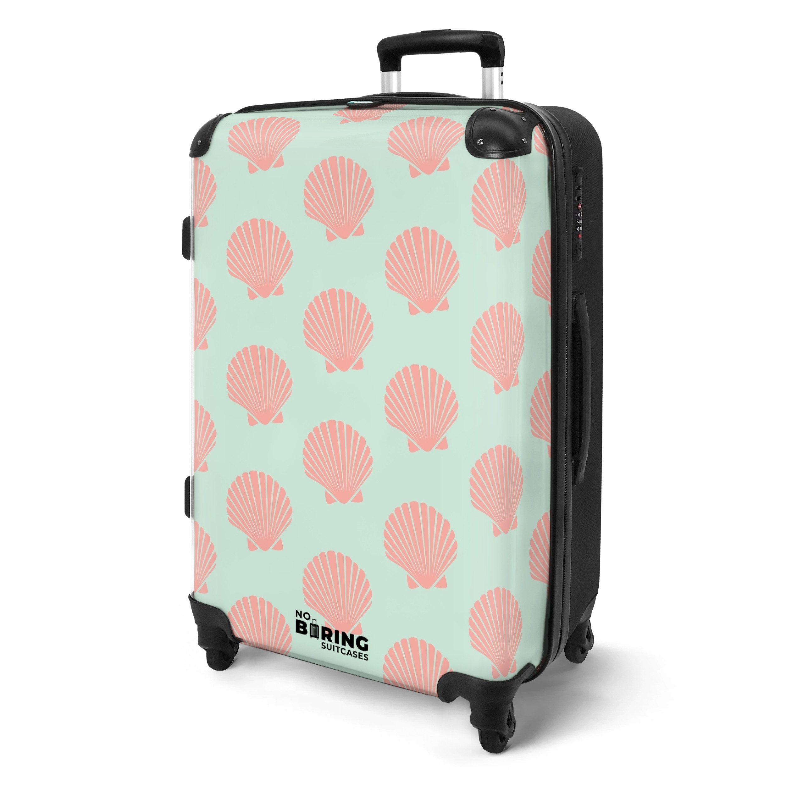 NoBoringSuitcases.com© Hartschalen-Trolley Blau mit rosa Muscheln günstig online kaufen