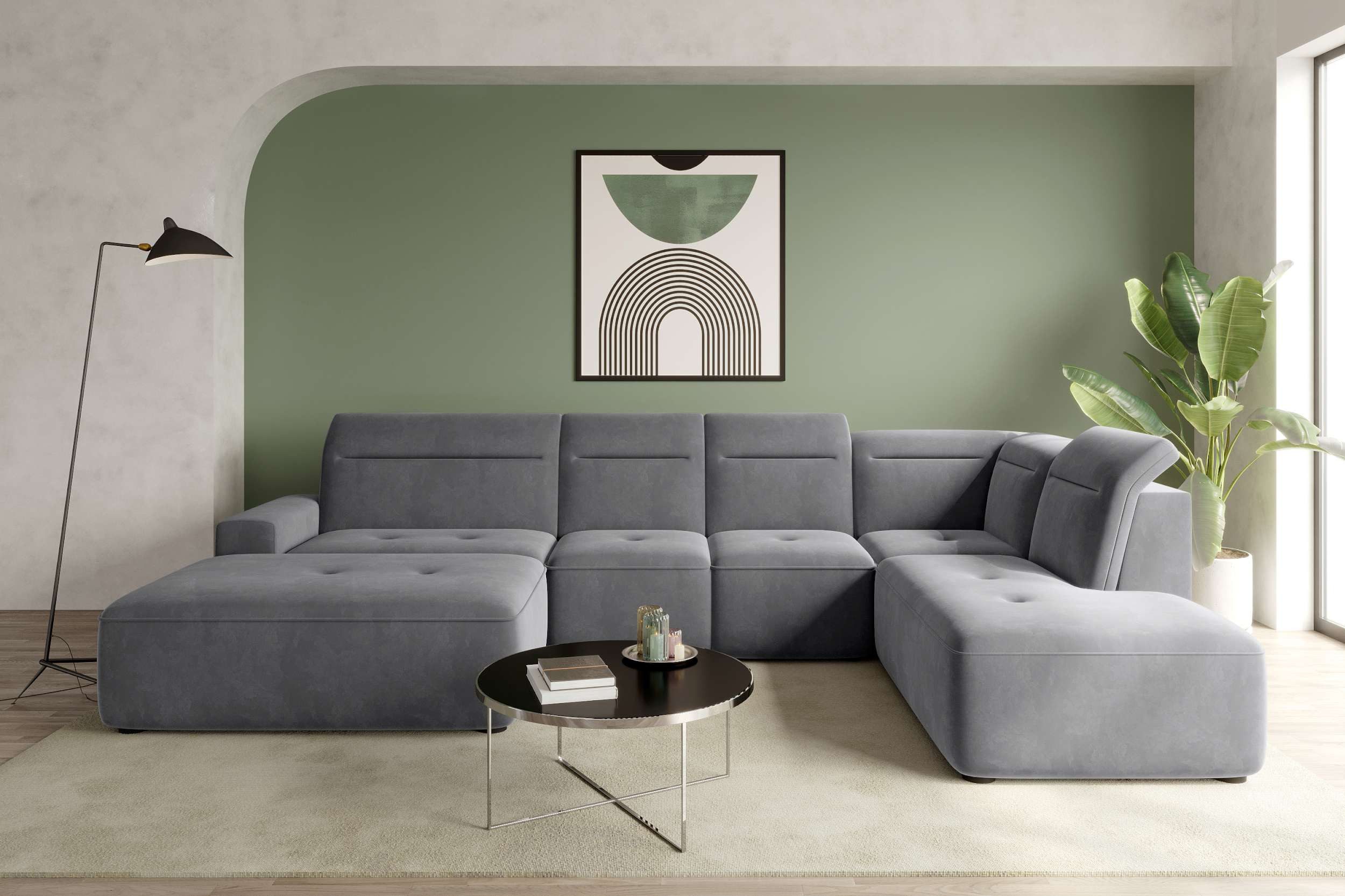 99rooms Wohnlandschaft Elvaro, Sofa, U-Form, Rundumbezug aus Velours PALLADIUM, mit und ohne Sitztiefenverstellung