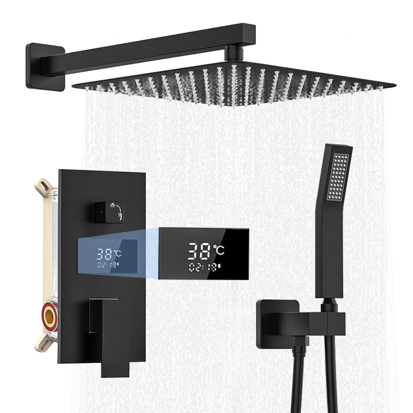 XERSEK Duschsystem Unterputz Duscharmatur Duschset 30x30cm Regendusche Komplettset, 2 Strahlart(en), mit Temperatur LCD Display, Messing & Edelstahl, 7 tlg., Keramik Ventilkern, 12" Kopfbrause Einstellbarer, Brausegarnitur mit Handbrause, Messingarmatur für Hochdruck