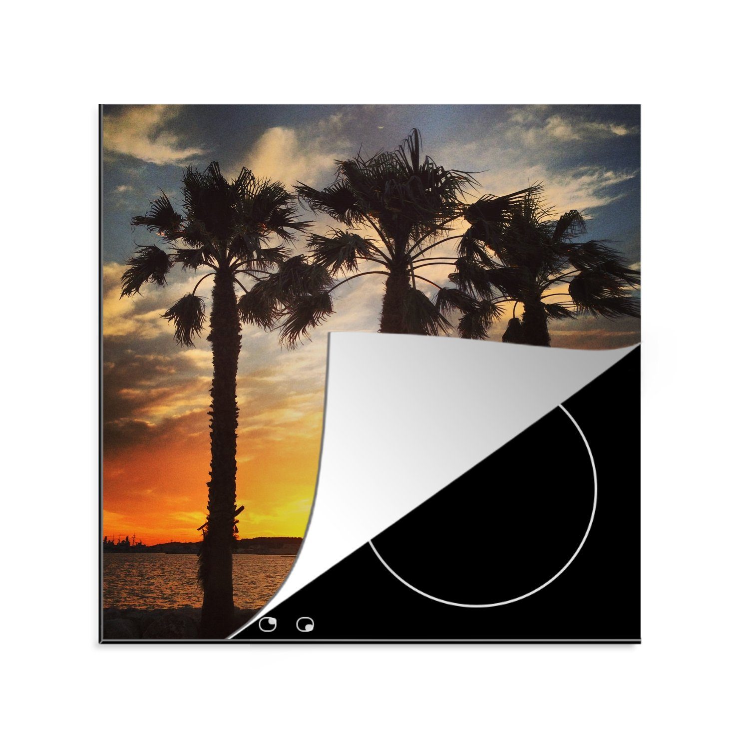 MuchoWow Herdblende-/Abdeckplatte Sonnenuntergang in Toulon entlang der Palmen in Frankreich, Vinyl, (1 tlg), 78x78 cm, Ceranfeldabdeckung, Arbeitsplatte für küche