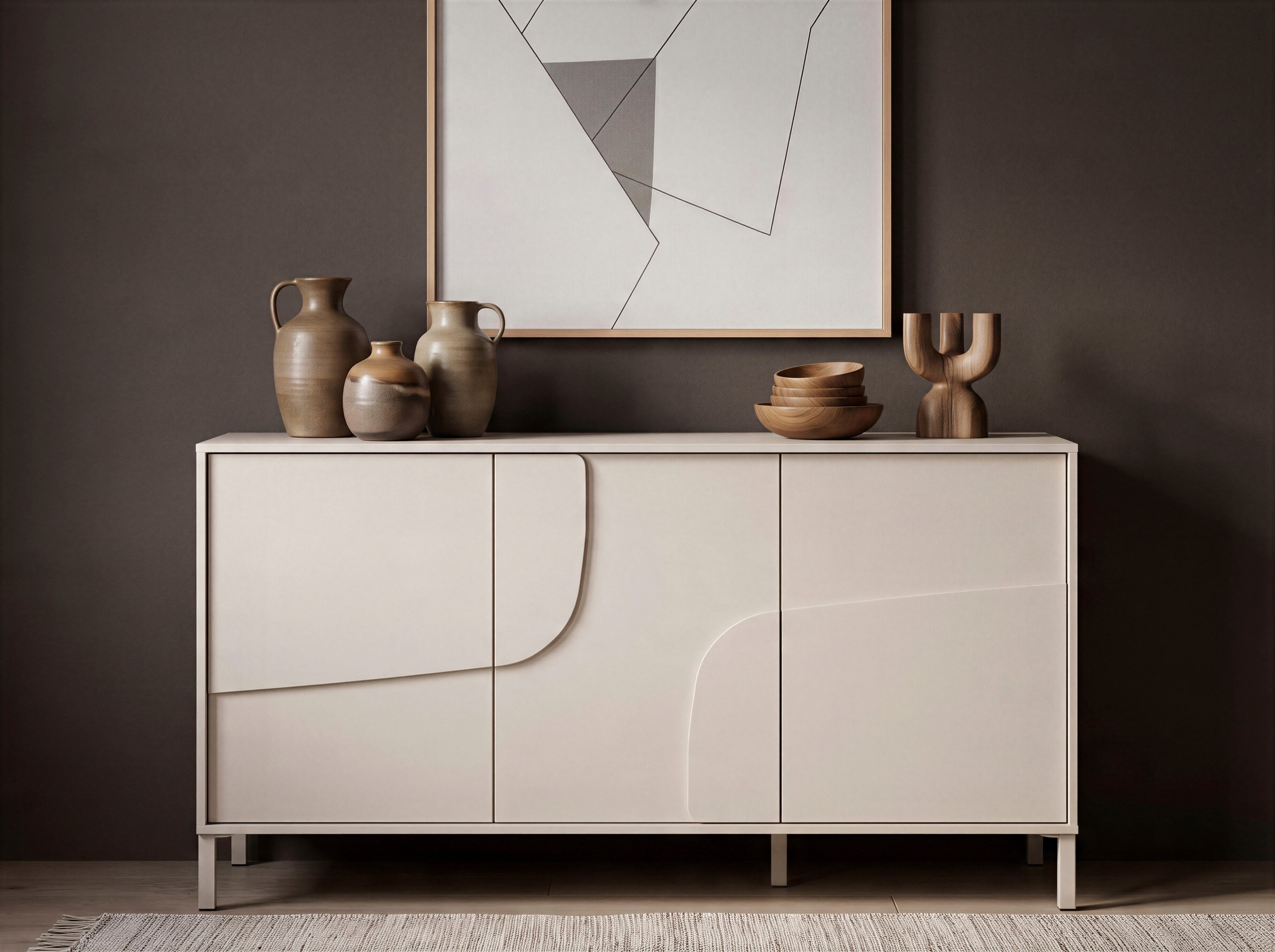OTTO home Sideboard Stone, 155 cm breit, 3 Türen, Anrichte, Kommode, Stauraumschrank, 3D-Design, Push-to-open, Innenraum großzügig, Füße …