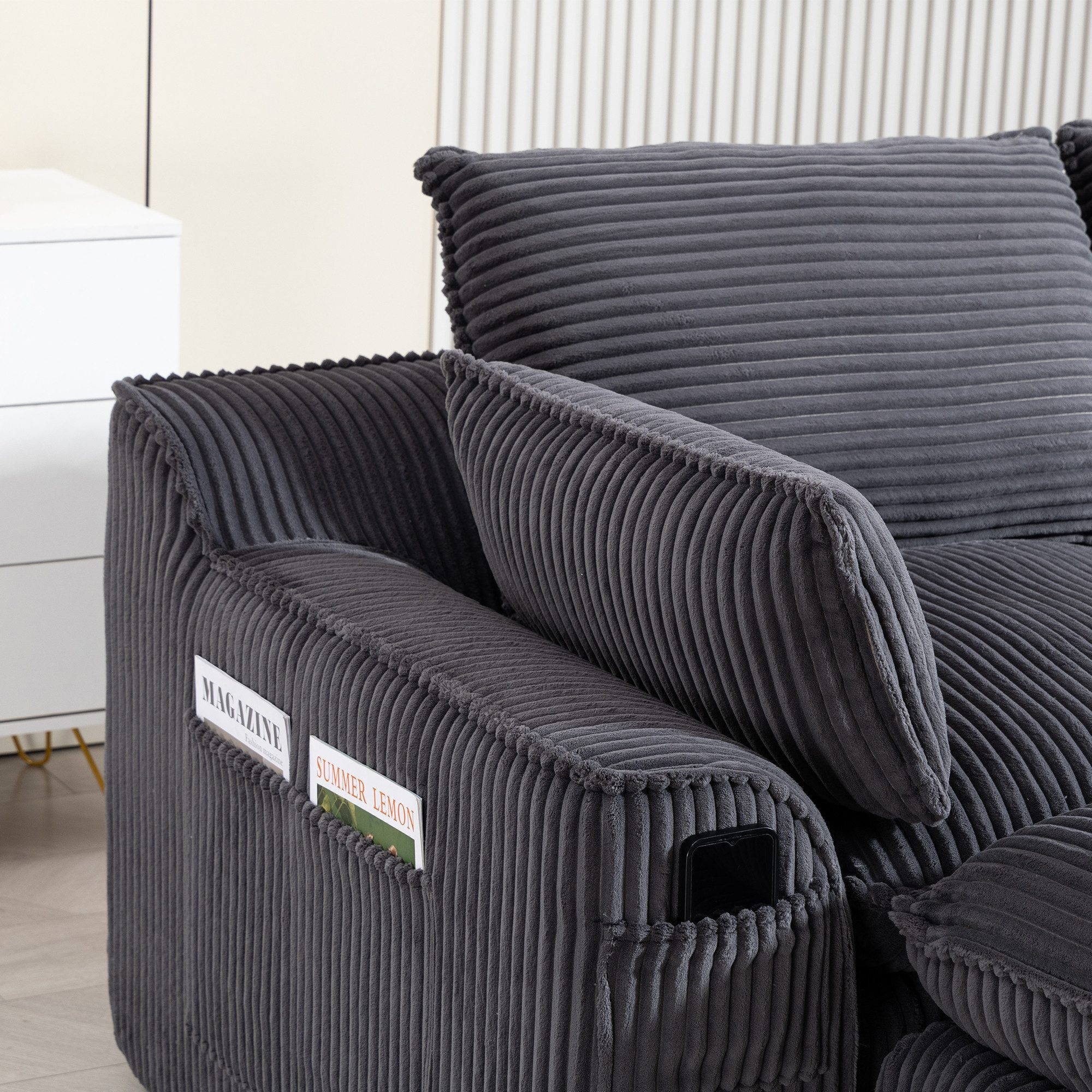 MODFU Sofa 3-Sitzer-Modulsofa aus Cord mit Hocker, inkl. Kissen und 2 Seitentaschen, 3-lagiger Schaumstoff plus Federkern, frei kombinierbar