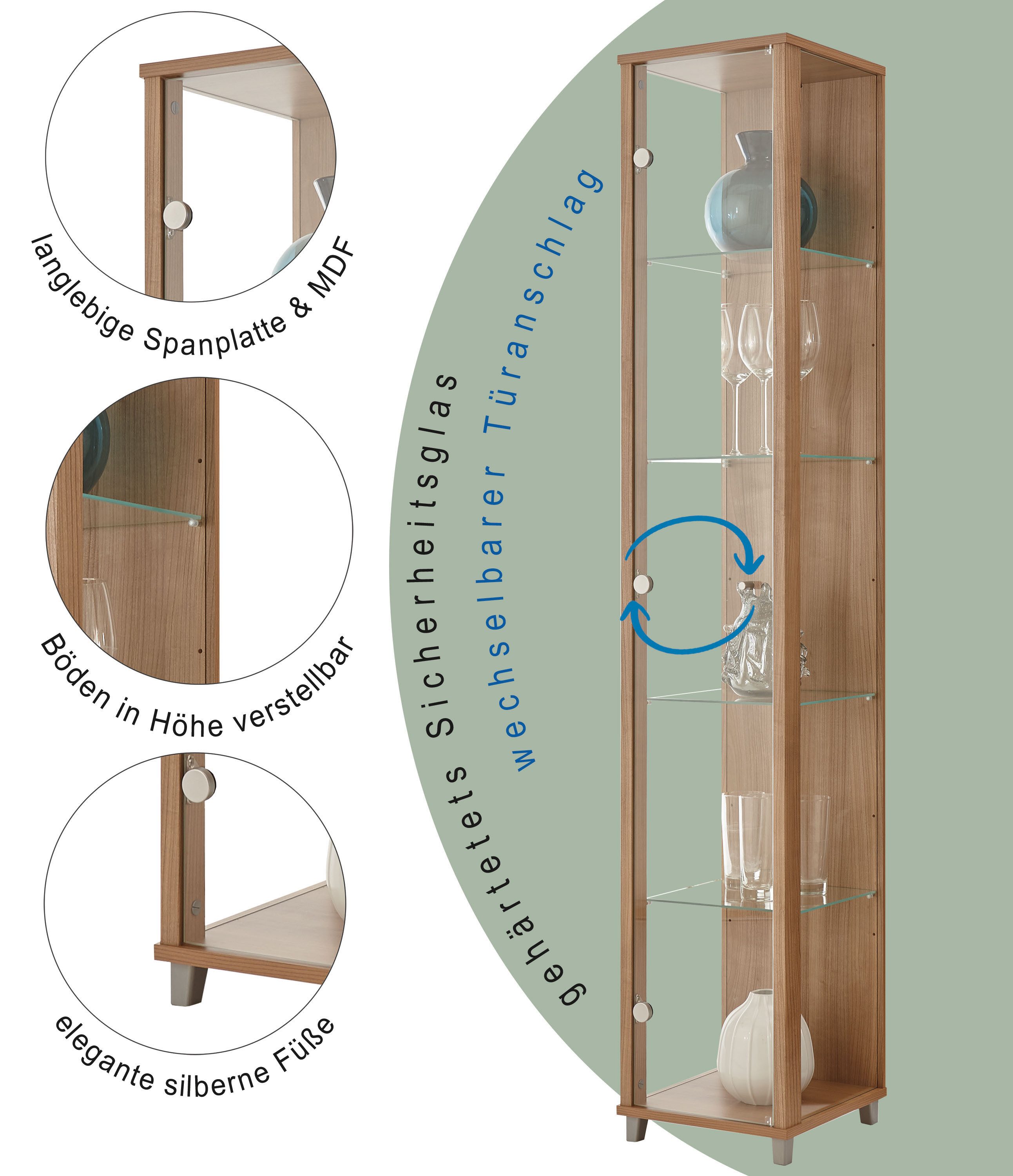 fif möbel Vitrine OPTIMA Höhe ca. 172 cm Standvitrine/Glasvitrine 1x Glastür,perfekt für Sammler,Sammlervitrine