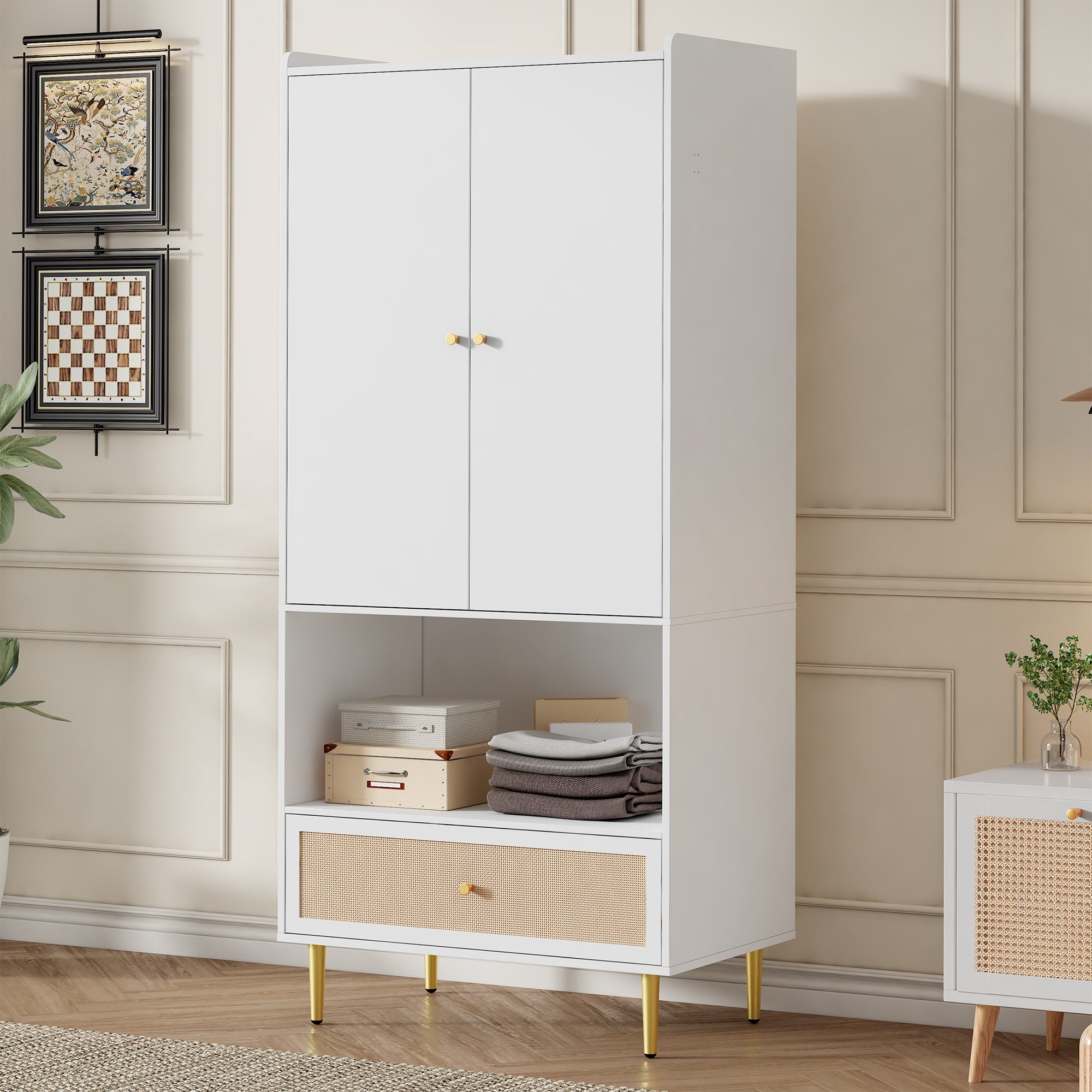 Flieks Kleiderschrank mit 1 großer Rattan-Schublade, 2 Türen und 1 offenen Fächern (1-St., 80x48x175 cm) Drehtürenschrank Garderobeschrank Kleiderstange Weiß, Metallbeine