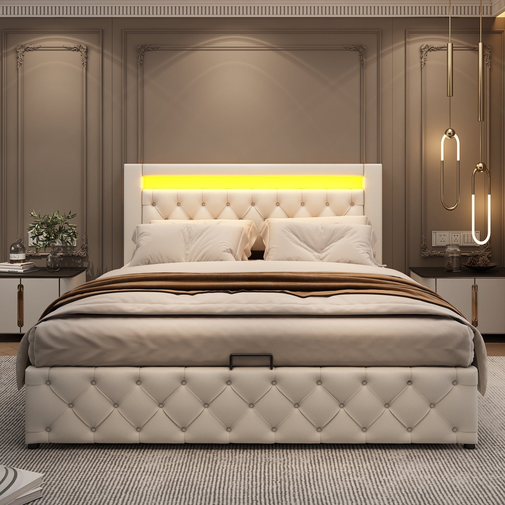 Boxspringbett (Hydraulisches Bett 140x200cm mit Bettkasten), Polsterbett mit LED-Beleuchtung, Kunstleder, weiches Kopfteil