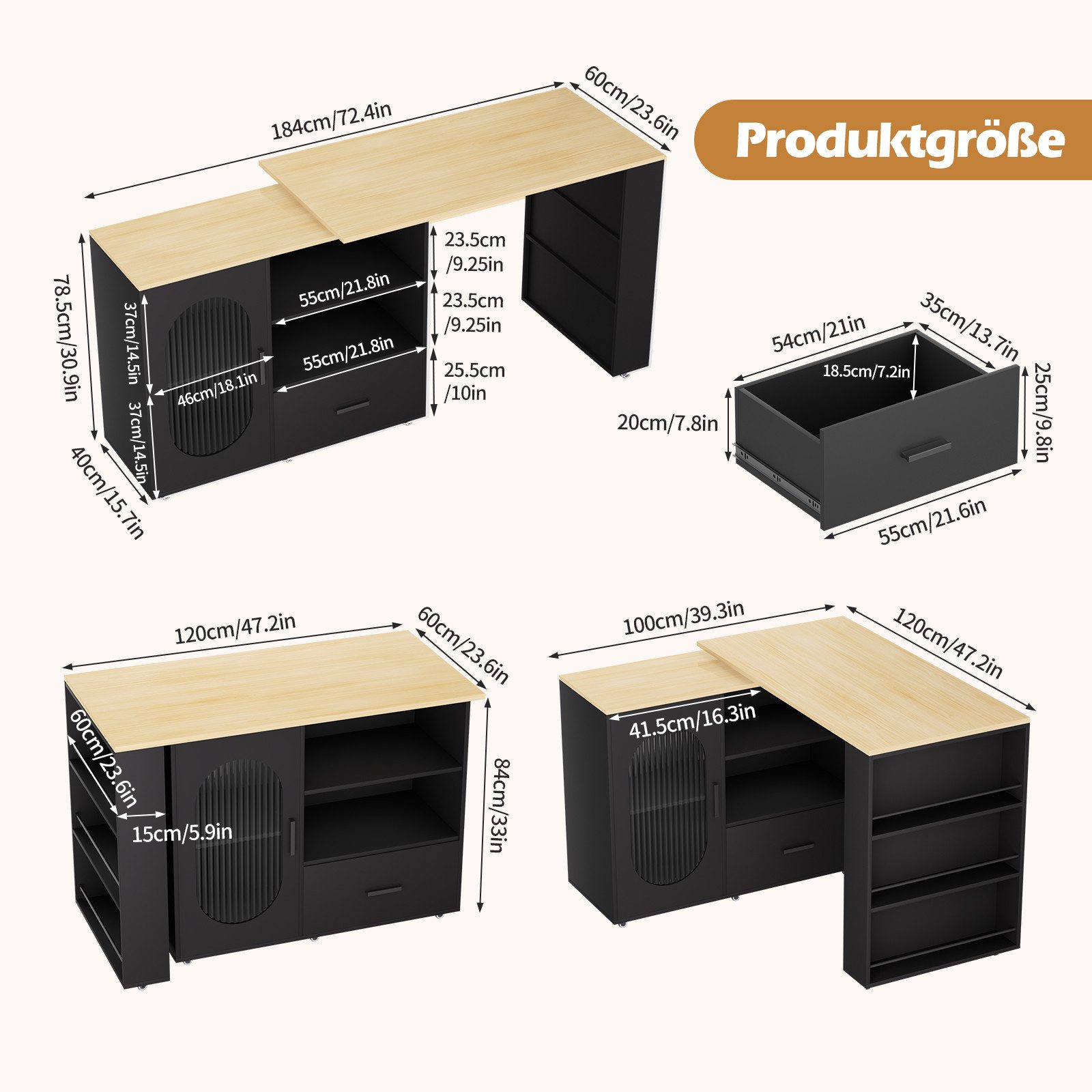 TWSOUL Bartisch Bartisch mit Stauraum & 360° Drehfunktion, Rollbare Kücheninsel mit LED, Schublade & ausziehbarem Tisch