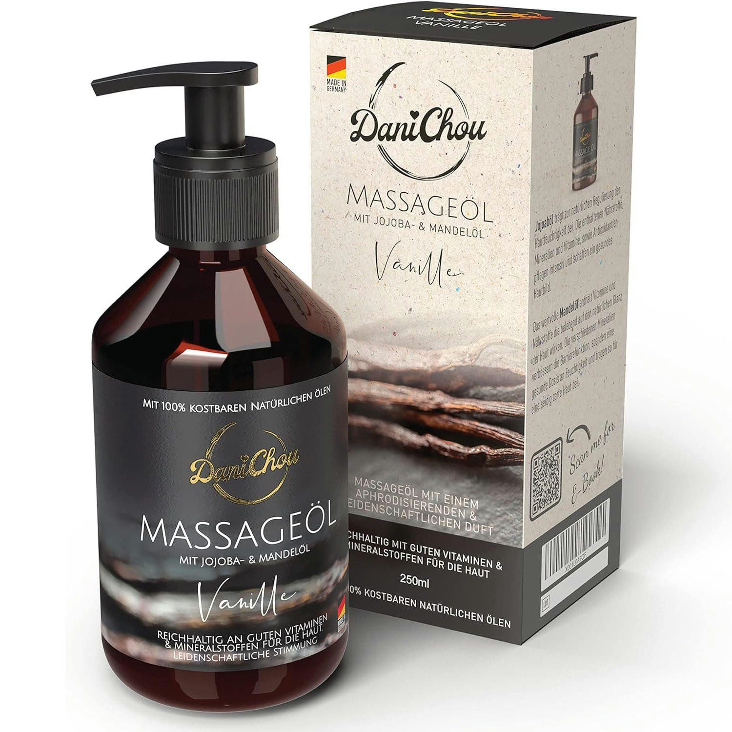 DaniChou Massageöl Premium Massage Öl Vanille 250ml – Sinnliches Massageöl mit Jojoba- & Mandelöl – 100% vegan & natürlich, zarter Vanilleduft – Für entspannende, Massagen, erotische Momente & gepflegte Haut – Made in Germany